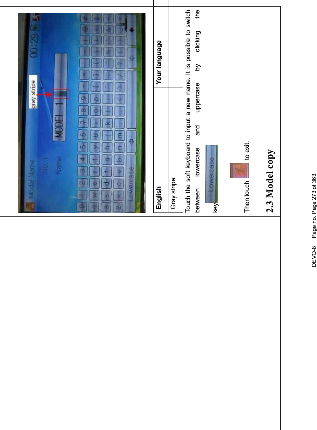 DEVO-8 Page no. Page 273 of 363English Your languageGray stripeTouch the soft keyboard to input a new name. It is possible to switchbetween lowercase and uppercase by clicking thekey .Then touch to exit.2.3 Model copy