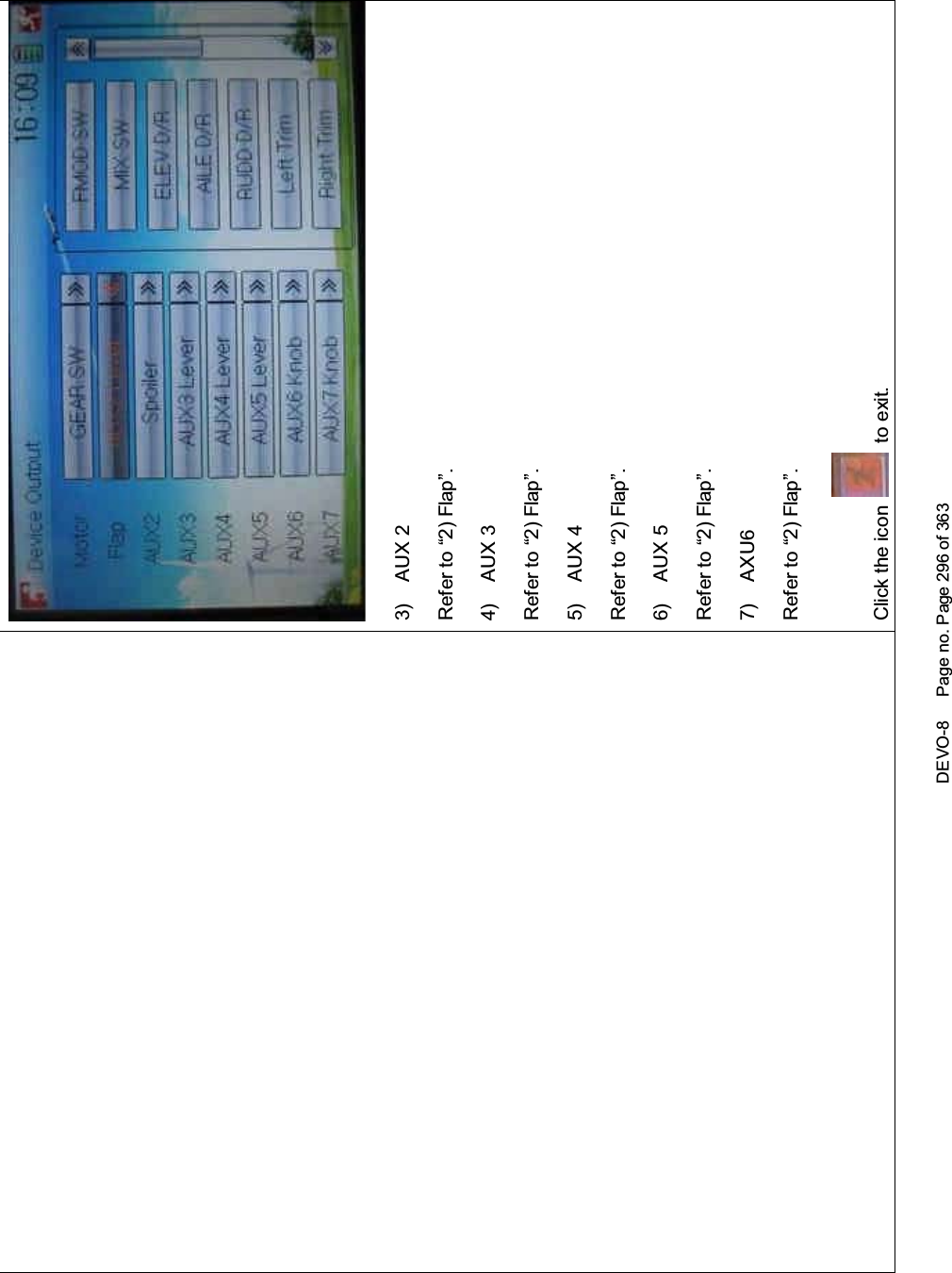 DEVO-8 Page no. Page 296 of 3633) AUX 2Refer to “2) Flap”.4) AUX 3Refer to “2) Flap”.5) AUX 4Refer to “2) Flap”.6) AUX 5Refer to “2) Flap”.7) AXU6Refer to “2) Flap”.Click the icon to exit.