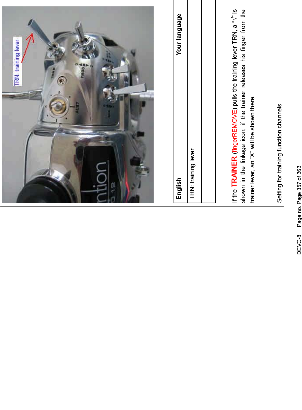 DEVO-8 Page no. Page 357 of 363English Your languageTRN: traini ng leverIf the TRAINER (fingerREMOVESXOOVWKHWUDLQLQJOHYHU751D³¥´LVshown in the linkage icon; if the trainer releases his finger from thetrainer lever, an “X” will be shown there.Setting for traini ng f unction c hannels