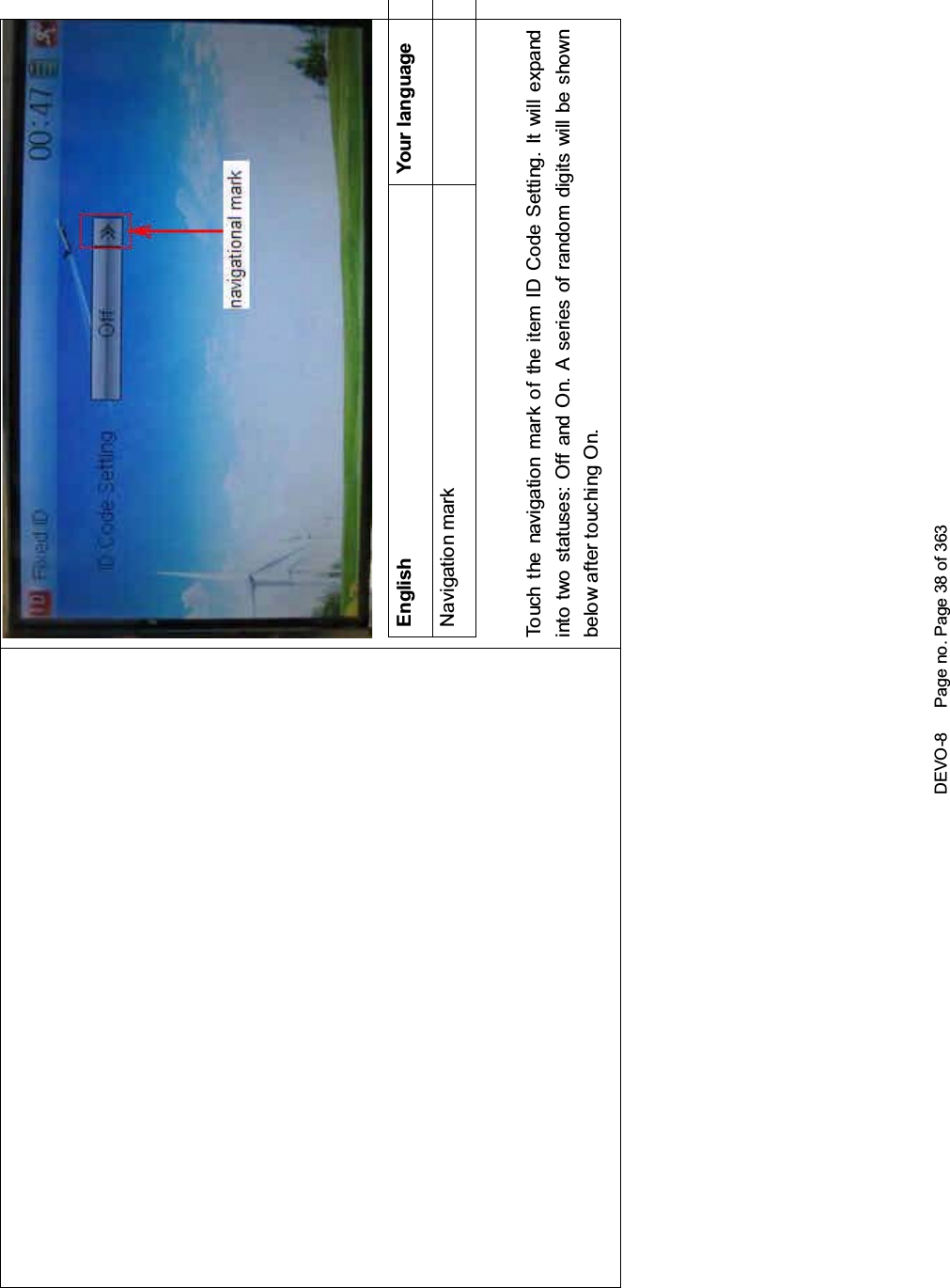 DEVO-8 Page no. Page 38 of 363English Your languageNavigation markTouch the navigation mark of the item ID Code Setting. It will expandinto two statuses: Off and On. A series of random digits will be shownbelow after touching On.