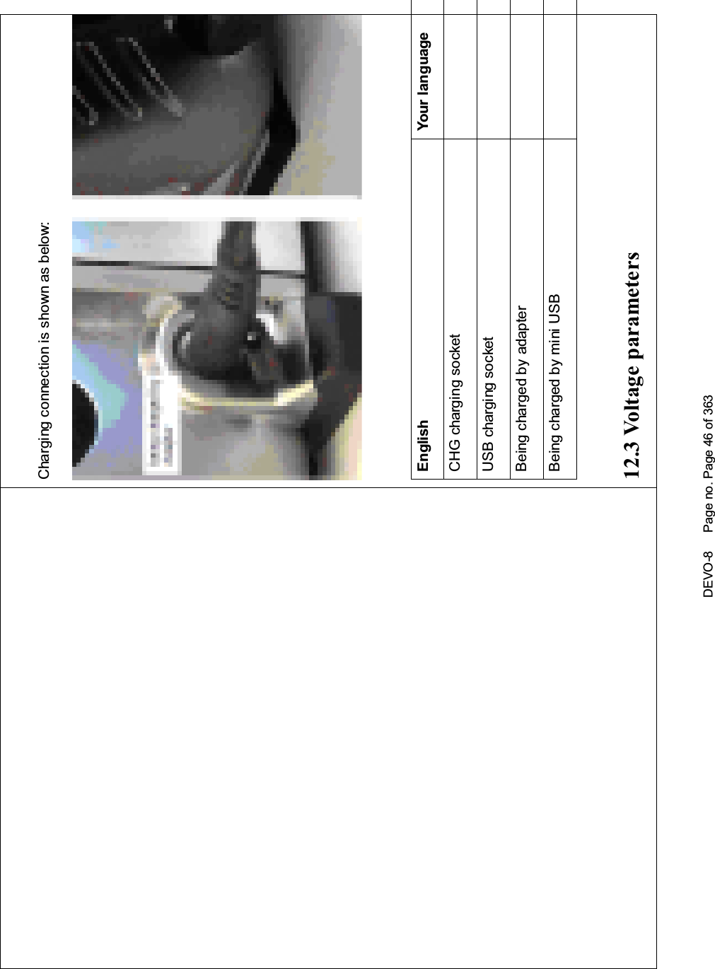 DEVO-8 Page no. Page 46 of 363Charging connection is shown as below:English Your languageCHG charging socketUSB charging socketBeing charged by adapterBeing charged by mini USB12.3 Voltage parameters