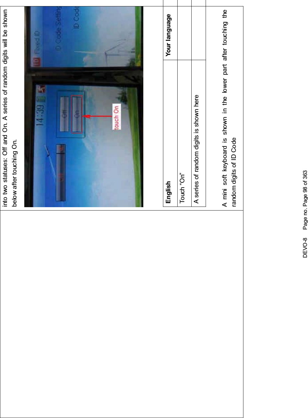 DEVO-8 Page no. Page 98 of 363into two statuses: Off and On. A series of random digits will be shownbelow after touching On.English Your languageTo uc h “O n”A series of random digits is shown hereA mini soft keyboard is shown in t he lower part after touc hi ng therandom digits of ID Code