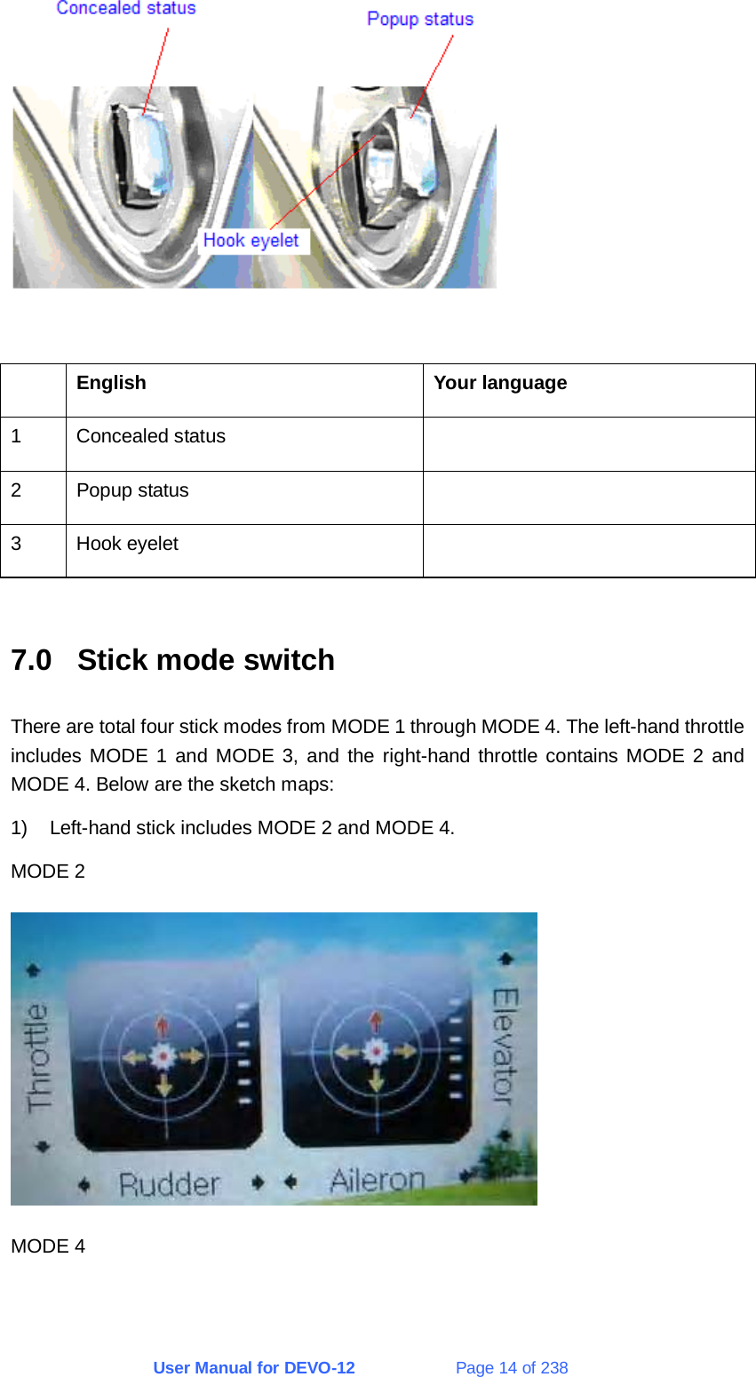 User Manual for DEVO-12             Page 14 of 238    English  Your language 1 Concealed status   2 Popup status   3 Hook eyelet    7.0 Stick mode switch There are total four stick modes from MODE 1 through MODE 4. The left-hand throttle includes MODE 1 and MODE 3, and the right-hand throttle contains MODE 2 and MODE 4. Below are the sketch maps: 1)  Left-hand stick includes MODE 2 and MODE 4. MODE 2  MODE 4 