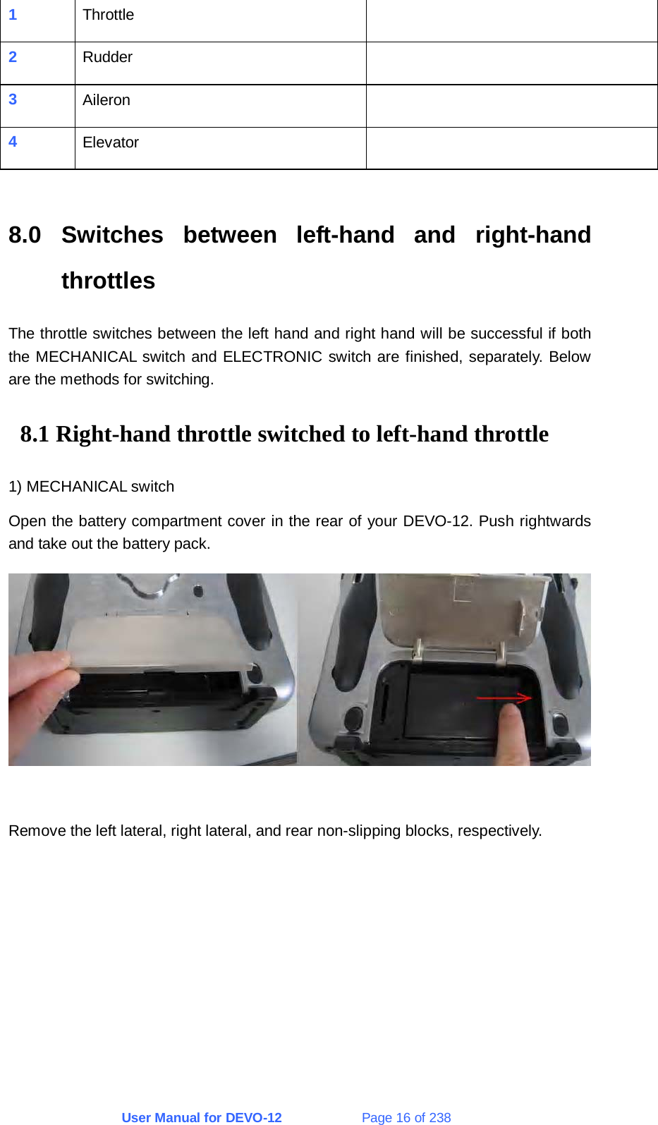 User Manual for DEVO-12             Page 16 of 238 1  Throttle  2  Rudder  3  Aileron  4  Elevator   8.0 Switches between left-hand and right-hand throttles The throttle switches between the left hand and right hand will be successful if both the MECHANICAL switch and ELECTRONIC switch are finished, separately. Below are the methods for switching. 8.1 Right-hand throttle switched to left-hand throttle 1) MECHANICAL switch Open the battery compartment cover in the rear of your DEVO-12. Push rightwards and take out the battery pack.   Remove the left lateral, right lateral, and rear non-slipping blocks, respectively. 