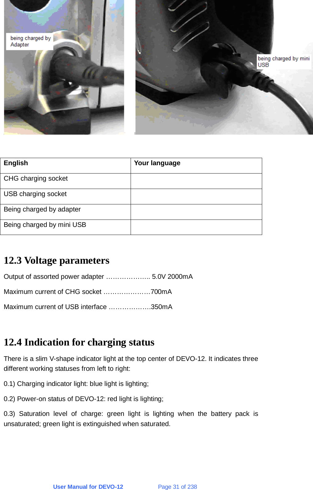 User Manual for DEVO-12             Page 31 of 238   English Your language CHG charging socket   USB charging socket   Being charged by adapter   Being charged by mini USB    12.3 Voltage parameters Output of assorted power adapter ……………….. 5.0V 2000mA Maximum current of CHG socket …………………700mA Maximum current of USB interface ……………….350mA  12.4 Indication for charging status There is a slim V-shape indicator light at the top center of DEVO-12. It indicates three different working statuses from left to right: 0.1) Charging indicator light: blue light is lighting; 0.2) Power-on status of DEVO-12: red light is lighting; 0.3) Saturation level of charge: green light is lighting when the battery pack is unsaturated; green light is extinguished when saturated. 