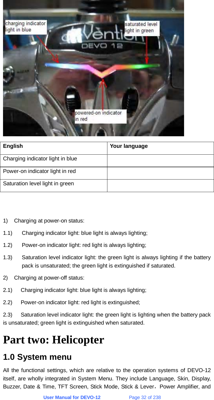 User Manual for DEVO-12             Page 32 of 238  English Your language Charging indicator light in blue   Power-on indicator light in red   Saturation level light in green     1)  Charging at power-on status: 1.1)  Charging indicator light: blue light is always lighting; 1.2)  Power-on indicator light: red light is always lighting; 1.3)  Saturation level indicator light: the green light is always lighting if the battery pack is unsaturated; the green light is extinguished if saturated. 2)  Charging at power-off status: 2.1)      Charging indicator light: blue light is always lighting; 2.2)      Power-on indicator light: red light is extinguished; 2.3)      Saturation level indicator light: the green light is lighting when the battery pack is unsaturated; green light is extinguished when saturated. Part two: Helicopter 1.0 System menu All the functional settings, which are relative to the operation systems of DEVO-12 itself, are wholly integrated in System Menu. They include Language, Skin, Display, Buzzer, Date &amp; Time, TFT Screen, Stick Mode, Stick &amp; Lever，Power Amplifier, and 