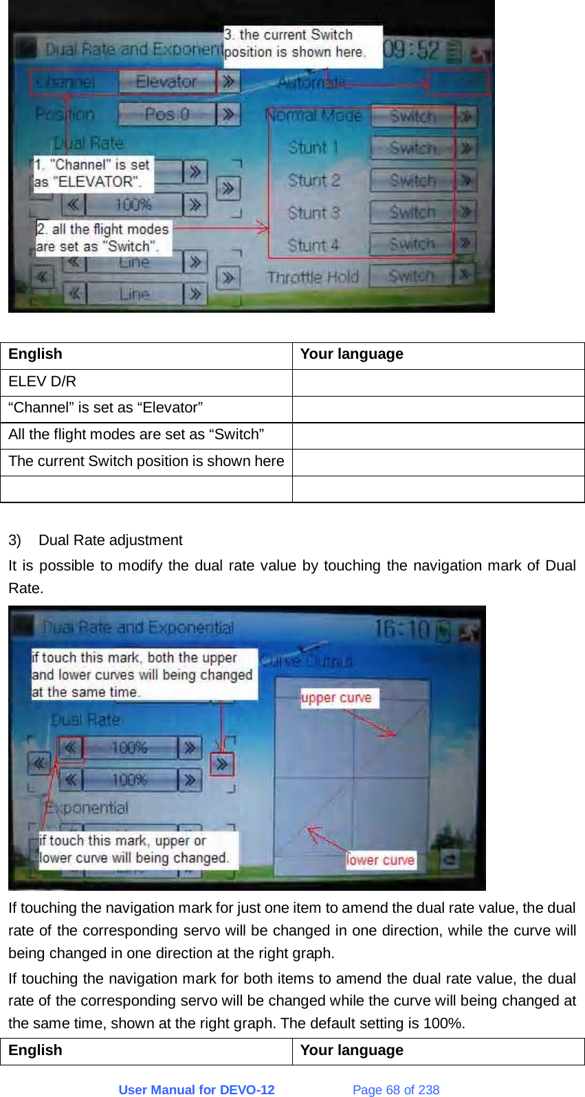 User Manual for DEVO-12             Page 68 of 238   English Your language ELEV D/R   “Channel” is set as “Elevator”   All the flight modes are set as “Switch”   The current Switch position is shown here     3)  Dual Rate adjustment It is possible to modify the dual rate value by touching the navigation mark of Dual Rate.  If touching the navigation mark for just one item to amend the dual rate value, the dual rate of the corresponding servo will be changed in one direction, while the curve will being changed in one direction at the right graph. If touching the navigation mark for both items to amend the dual rate value, the dual rate of the corresponding servo will be changed while the curve will being changed at the same time, shown at the right graph. The default setting is 100%. English Your language 