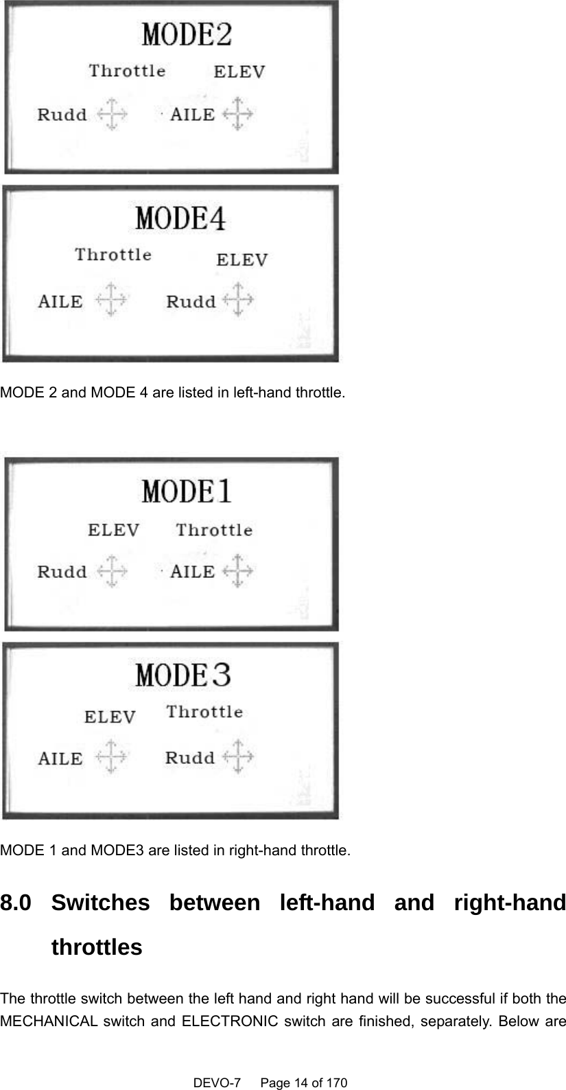    DEVO-7   Page 14 of 170    MODE 2 and MODE 4 are listed in left-hand throttle.     MODE 1 and MODE3 are listed in right-hand throttle.   8.0 Switches between left-hand and right-hand throttles The throttle switch between the left hand and right hand will be successful if both the MECHANICAL switch and ELECTRONIC switch are finished, separately. Below are 