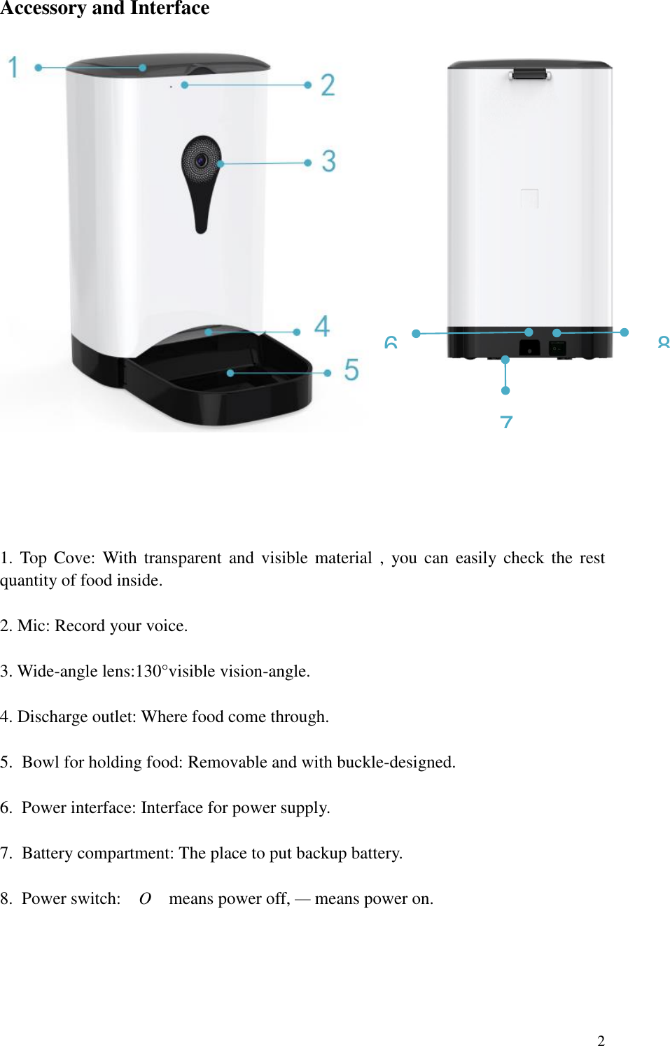  2 8 6 7   Accessory and Interface      1. Top  Cove:  With  transparent  and  visible  material  ,  you can easily  check  the  rest quantity of food inside.  2. Mic: Record your voice.  3. Wide-angle lens:130&deg;visible vision-angle.  4. Discharge outlet: Where food come through.  5.  Bowl for holding food: Removable and with buckle-designed.  6.  Power interface: Interface for power supply.  7.  Battery compartment: The place to put backup battery.  8.  Power switch:    O    means power off, &mdash; means power on.      