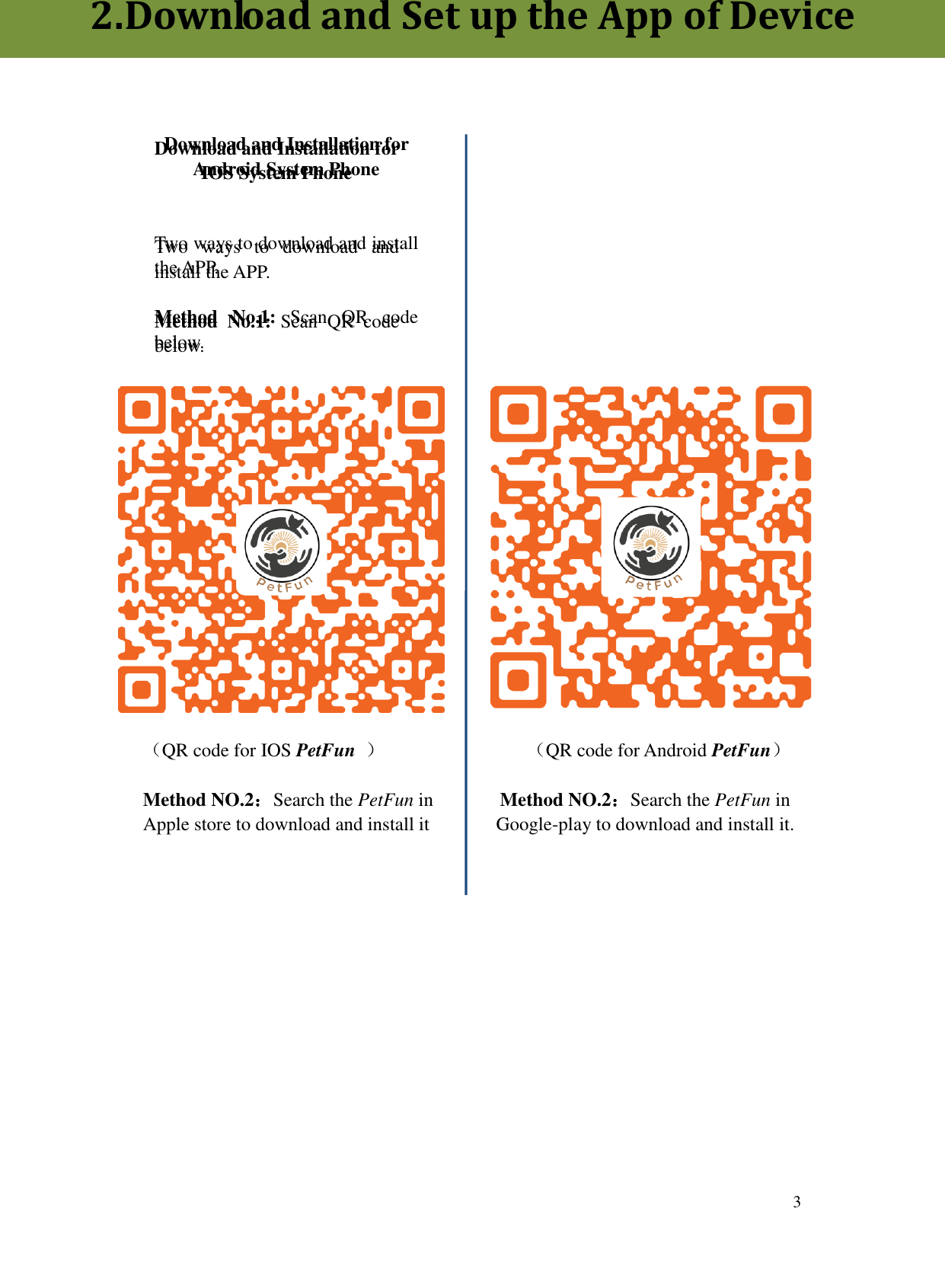  3                                                           （QR code for IOS PetFun ）               （QR code for Android PetFun）                                       Method NO.2：Search the PetFun in              Method NO.2：Search the PetFun in                 Apple store to download and install it              Google-play to download and install it.                                                                                                                Download and Installation for Android System Phone   Two ways to download and install the APP.  Method  No.1:  Scan  QR  code below.     Download and Installation for IOS System Phone   Two  ways  to  download  and install the APP.  Method  No.1:  Scan  QR  code below.   2.Download and Set up the App of Device 