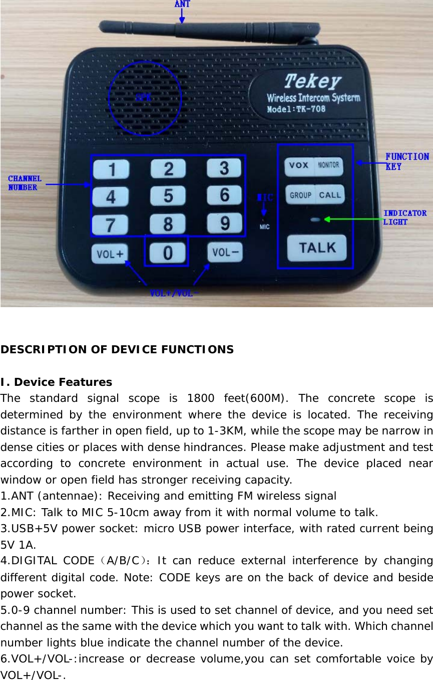    DESCRIPTION OF DEVICE FUNCTIONS   I. Device Features  The standard signal scope is 1800 feet(600M). The concrete scope is determined by the environment where the device is located. The receiving distance is farther in open field, up to 1-3KM, while the scope may be narrow in dense cities or places with dense hindrances. Please make adjustment and test according to concrete environment in actual use. The device placed near window or open field has stronger receiving capacity.   1.ANT (antennae): Receiving and emitting FM wireless signal  2.MIC: Talk to MIC 5-10cm away from it with normal volume to talk.   3.USB+5V power socket: micro USB power interface, with rated current being 5V 1A.   4.DIGITAL CODE（A/B/C）：It can reduce external interference by changing different digital code. Note: CODE keys are on the back of device and beside power socket.   5.0-9 channel number: This is used to set channel of device, and you need set channel as the same with the device which you want to talk with. Which channel number lights blue indicate the channel number of the device.  6.VOL+/VOL-:increase or decrease volume,you can set comfortable voice by VOL+/VOL-.   