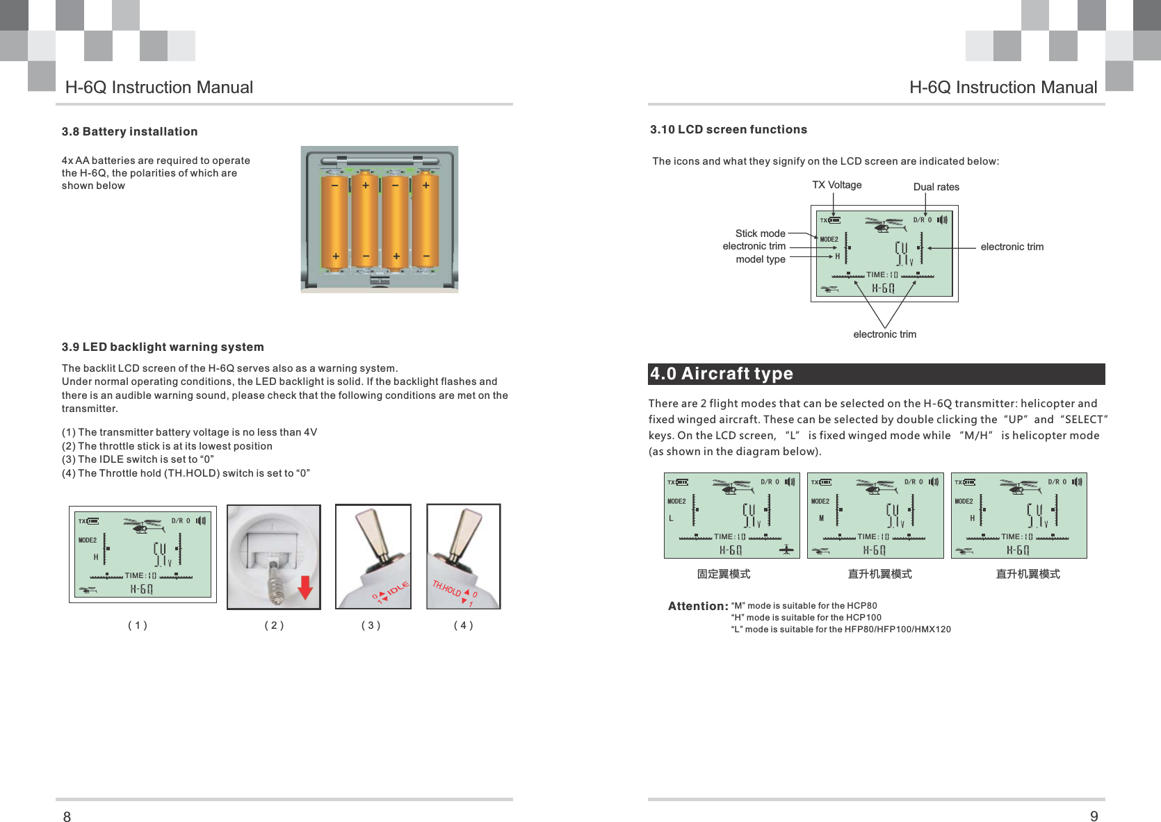 3.9 LED backlight warning system（2）（3） （4）（1）TIME: HD/R 0 MODE23.8 Battery installation4x AA batteries are required to operate the H-6Q, the polarities of which are shown below+ +--+--+TIME: HD/R 0 MODE2TIME: HD/R 0 MODE23.10 LCD screen functionsThe icons and what they signify on the LCD screen are indicated below:TX VoltageStick modeelectronic trimmodel type4.0 Aircraft typeThere are 2 flight modes that can be selected on the H-6Q transmitter: helicopter andfixed winged aircraft. These can be selected by double clicking the“UP”and“SELECT” keys. On the LCD screen, “L” is fixed winged mode while “M/H” is helicopter mode(as shown in the diagram below).固定翼模式 直升机翼模式 直升机翼模式Attention:TIME:D/R 0 MODE2 LTIME:D/R 0 MODE2 MDual rates(1) The transmitter battery voltage is no less than 4V(2) The throttle stick is at its lowest position(3) The IDLE switch is set to “0”(4) The Throttle hold (TH.HOLD) switch is set to “0”The backlit LCD screen of the H-6Q serves also as a warning system.Under normal operating conditions, the LED backlight is solid. If the backlight flashes and there is an audible warning sound, please check that the following conditions are met on thetransmitter.H-6Q Instruction Manual H-6Q Instruction Manualelectronic trimelectronic trim“M” mode is suitable for the HCP80“H” mode is suitable for the HCP100“L” mode is suitable for the HFP80/HFP100/HMX12089