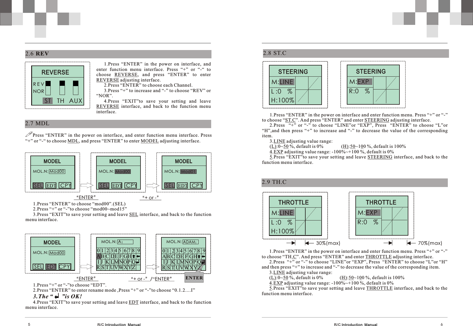   R/C Introduction  Manual R/C Introduction  Manual2.6  REV1.Press  “ENTER”  in  the  power  on  interface,  and enter  function  menu  interface.  Press  “+”  or  “-“  to choose  REVERSE,  and  press  “ENTER”  to  enter REVERSE adjusting interface.2.Press “ENTER” to choose each Channel.3.Press “+” to increase and “-” to choose “REV” or “NOR”.4.Press  “EXIT”to  save  your  setting  and  leave REVERSE  interface,  and  back  to  the  function  menu interface.      REVERSE                    REVERSE               ST    TH   AUX    R E VNOR2.7  MDL2.8  ST.C      STEERING                    STEERING              M:LINE M:0    %H:100%      STEERING                    STEERING              M:LINE L :0    %H:100%      STEERING                    STEERING              M:EXP R:0    %      STEERING                    STEERING              M:LINE M:0    %H:100%      THROTTLE                    THROTTLE              M:LINE L :0    %H:100%      THROTTLE                    THROTTLE              M:EXP R:0    %2.9  TH.C65      MODEL                    MODEL               SEL   EDT   CPY    MOL.N: Mod00      MODEL                    MODEL               SEL   EDT   CPY    MOL.N: Mod00      MODEL                    MODEL               SEL   EDT   CPY    MOL.N: Mod01“ENTER” “+ or -”!Press  “ENTER”  in  the  power  on  interface,  and  enter  function  menu  interface.  Press “+” or “-“ to choose MDL, and press “ENTER” to enter MODEL adjusting interface.1.Press “ENTER” to choose “mod00”.(SEL)2.Press “+” or “-”to choose “mod00~mod15”3.Press “EXIT”to save your setting and leave SEL interface, and back to the function menu interface.      MODEL                    MODEL              MOL.N: Mod00MOL.N: A“ENTER” “+ or -”/“ENTER”1.Press “+” or “-”to choose “EDT”.2.Press “ENTER” to enter rename mode ,Press “+” or “-”to choose “0.1.2....I”3.The “      ”is OK!4.Press “EXIT”to save your setting and leave EDT interface, and back to the function menu interface. SEL   EDT  CPY    S T UVWXYZ   J K LMNOP Q R   0 1  2 3 4 5  6 7 8  9AB C DE F GH I MOL.N: A|R S T UVWXYZ   I J  K LMNOP Q    0 1  2 3 4 5  6 7 8  9AB C DE F GH    MOL.N: AS T UVWXYZ   J K LMNOP Q R   0 1  2 3 4 5  6 7 8  9AB C DE F GH I MOL.N:ADAM|0 1  2 3 4 5  6 7 8  9ENTER1.Press “ENTER” in the power on interface and enter function menu. Press “+” or “-” to choose “ST.C”. And press “ENTER” and enter STEERING adjusting interface.2.Press    “+”  or  “-”  to  choose  “LINE”or  “EXP”,  Press    “ENTER”  to  choose  “L”or “H”,and  then  press  “+”  to  increase  and  “-”  to  decrease  the  value  of  the  corresponding item.3.LINE adjusting value range: (L):0~50 %, default is 0%               (H):50~100 %, default is 100%4.EXP adjusting value range: -100%~+100 %, default is 0%5.Press “EXIT”to save your setting and leave STEERING  interface, and back to  the function menu interface.1.Press “ENTER” in the power on interface and enter function menu. Press “+” or “-” to choose “TH.C”. And press “ENTER” and enter THROTTLE adjusting interface.2.Press  “+” or “-” to choose “LINE”or “EXP”, Press  “ENTER” to choose “L”or “H” and then press “+” to increase and “-” to decrease the value of the corresponding item.3.LINE adjusting value range: (L):0~50 %, default is 0%              (H):50~100 %, default is 100%4.EXP adjusting value range: -100%~+100 %, default is 0%5.Press “EXIT”to save your setting and leave THROTTLE interface, and back to the function menu interface.R S T UVWXYZ   I J  K LMNOP Q    AB C DE F GH    30%(max) 70%(max)