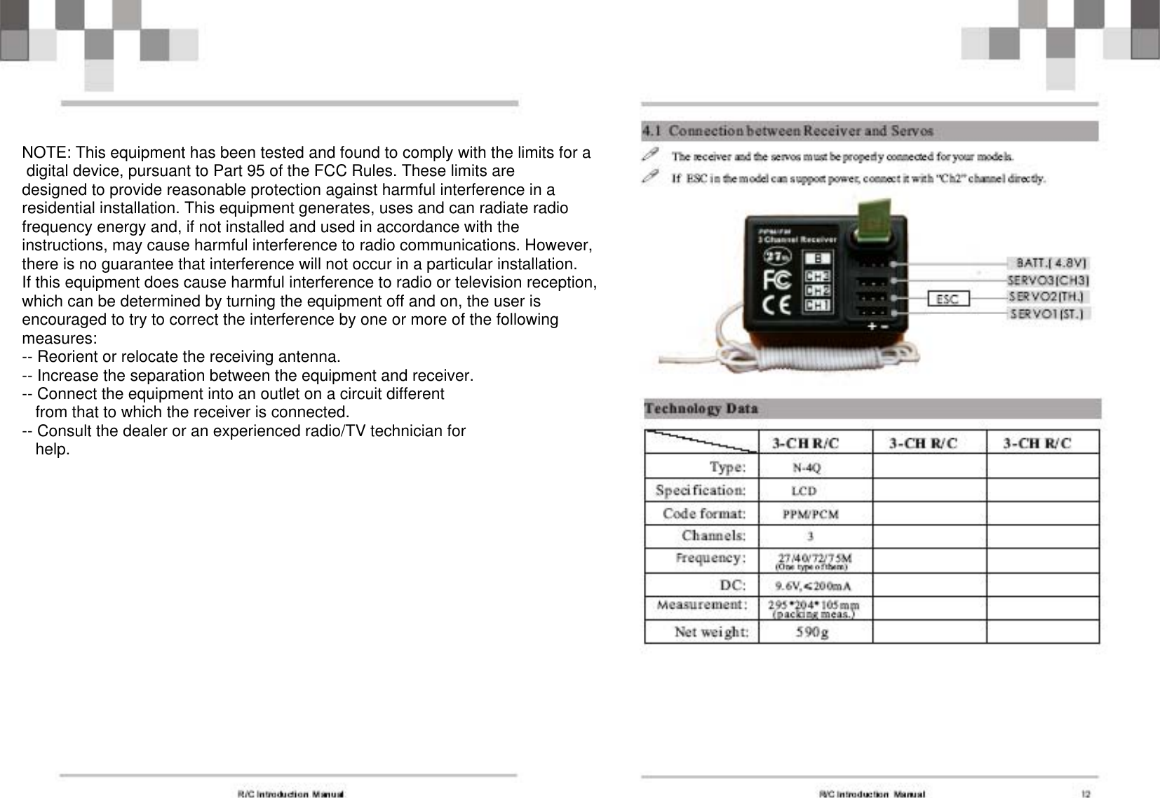 NOTE: This equipment has been tested and found to comply with the limits for a digital device, pursuant to Part 95 of the FCC Rules. These limits aredesigned to provide reasonable protection against harmful interference in aresidential installation. This equipment generates, uses and can radiate radiofrequency energy and, if not installed and used in accordance with theinstructions, may cause harmful interference to radio communications. However,there is no guarantee that interference will not occur in a particular installation.If this equipment does cause harmful interference to radio or television reception,which can be determined by turning the equipment off and on, the user is encouraged to try to correct the interference by one or more of the followingmeasures:-- Reorient or relocate the receiving antenna.-- Increase the separation between the equipment and receiver.-- Connect the equipment into an outlet on a circuit different   from that to which the receiver is connected.-- Consult the dealer or an experienced radio/TV technician for   help.