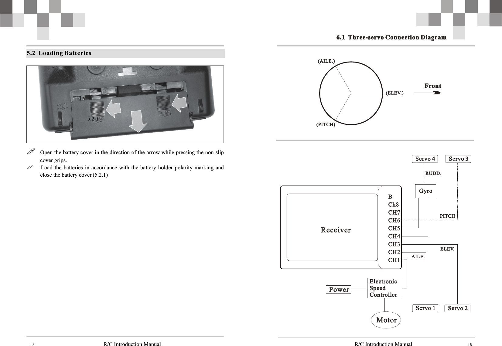   R/C Introduction Manual 186.1  Three-servo Connection Diagram6.1  Three-servo Connection DiagramBCh8CH7CH6CH5CH4CH3CH2CH1BCh8CH7CH6CH5CH4CH3CH2CH1GyroGyroServo 4Servo 4 Servo 3Servo 3Servo 2Servo 2Servo 1Servo 1AILE.AILE.PITCHPITCHELEV.ELEV.RUDD.RUDD.MotorMotorElectronic Speed ControllerElectronic Speed ControllerPowerPowerReceiverReceiver(AILE.)(AILE.)(ELEV.)(ELEV.)(PITCH)(PITCH)FrontFrontR/C Introduction Manual17图   4.3.1!   Open the battery cover in the direction of the arrow while pressing the non-slip cover grips.!     Load  the batteries  in accordance  with the  battery holder  polarity marking and close the battery cover.(5.2.1)    5.2.15.2  Loading Batteries