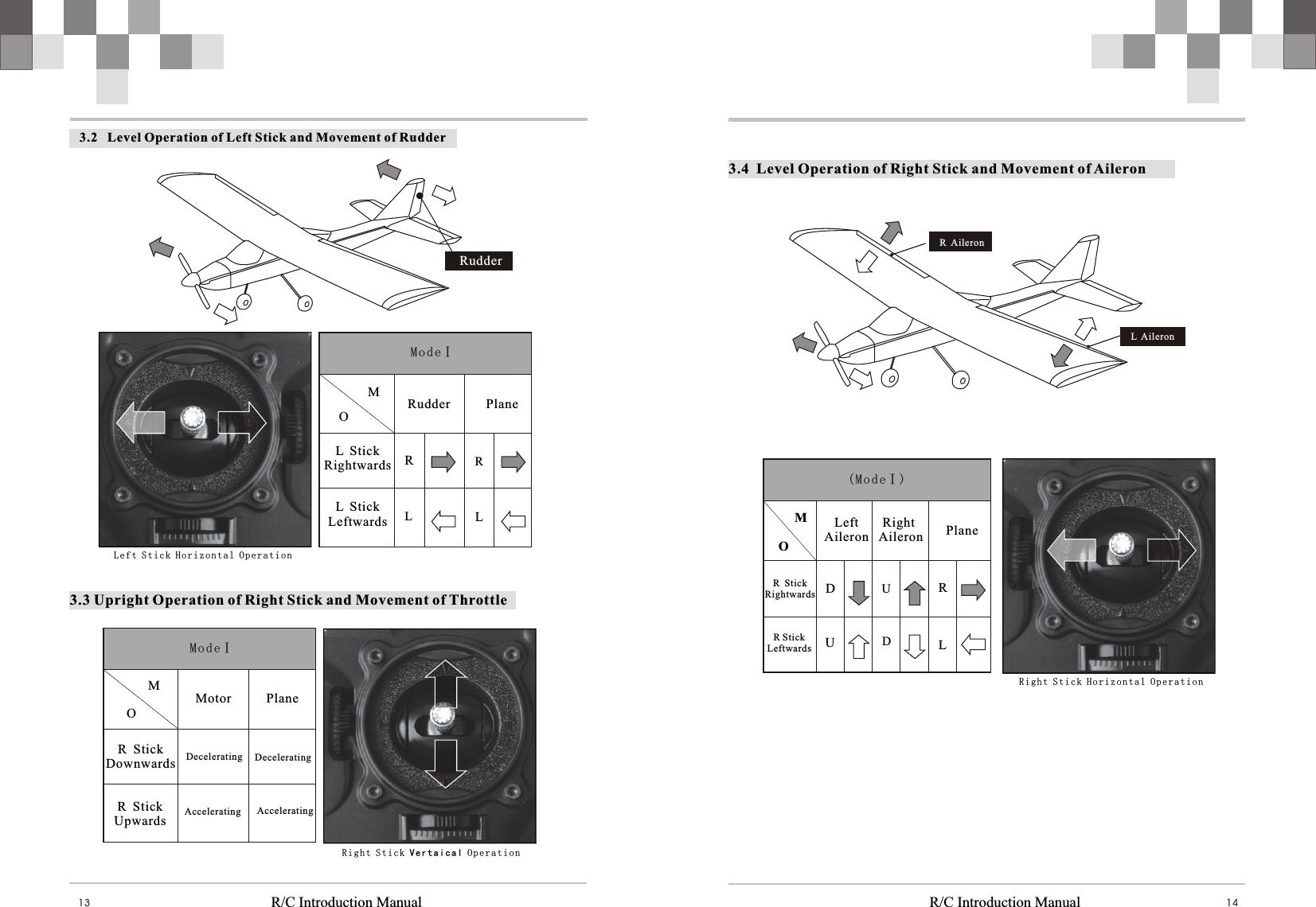   R/C Introduction Manual R/C Introduction Manual 1413      M O ModeⅠMotor  Plane  Decelerating  Decelerating  Accelerating  Accelerating  R  StickDownwards R  StickUpwards         Rudder L  StickRightwards L  StickLeftwards Plane  M O Left Stick Horizontal OperationModeⅠR   RL   L  3.3 Upright Operation of Right Stick and Movement of ThrottleRight Stick Vertaical OperationRudder  3.2   Level Operation of Left Stick and Movement of Rudder3.4  Level Operation of Right Stick and Movement of AileronRi gh t St ic k Ho ri zo nt al O pe ra ti onR  StickRightwards R StickLeftwards   (Mod eⅠ)   M O     Left  Aileron  Right  Aileron PlaneD    U   D      R      ULR  Aileron  L  Aileron  