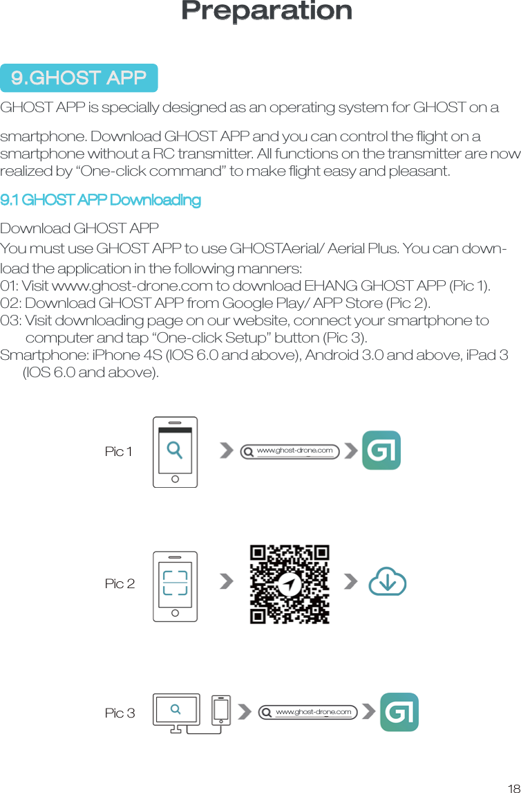 Preparation  9.GHOST APPGHOST APP is specially designed as an operating system for GHOST on a smartphone. Download GHOST APP and you can control the ﬂight on a smartphone without a RC transmitter. All functions on the transmitter are now realized by &ldquo;One-click command&rdquo; to make ﬂight easy and pleasant. 9.1 GHOST APP DownloadingDownload GHOST APPYou must use GHOST APP to use GHOSTAerial/ Aerial Plus. You can down-load the application in the following manners:01: Visit www.ghost-drone.com to download EHANG GHOST APP (Pic 1).02: Download GHOST APP from Google Play/ APP Store (Pic 2).03: Visit downloading page on our website, connect your smartphone to        computer and tap &ldquo;One-click Setup&rdquo; button (Pic 3).Smartphone: iPhone 4S (IOS 6.0 and above), Android 3.0 and above, iPad 3       (IOS 6.0 and above).Pic 1Pic 2Pic 318www.ghost-drone.comwww.ghost-drone.com