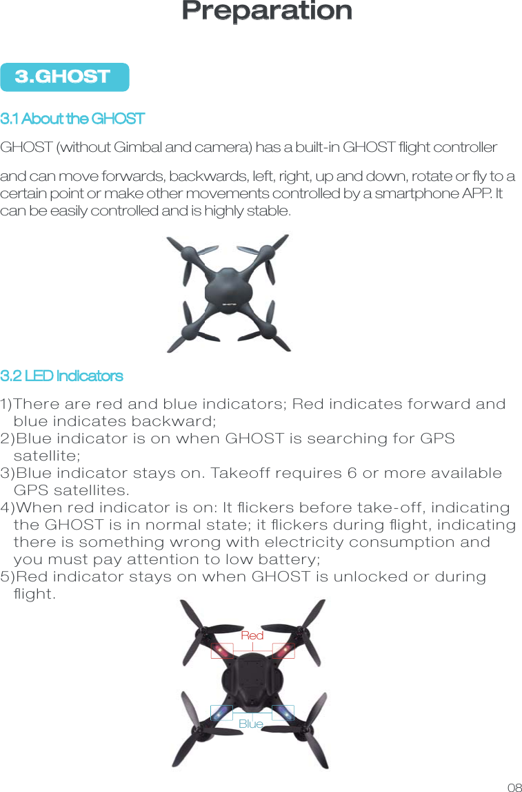 3.GHOST3.2 LED Indicators1)There are red and blue indicators; Red indicates forward and   blue indicates backward;2)Blue indicator is on when GHOST is searching for GPS    satellite;3)Blue indicator stays on. Takeoff requires 6 or more available   GPS satellites.4)When red indicator is on: It ﬂickers before take-off, indicating    the GHOST is in normal state; it ﬂickers during ﬂight, indicating    there is something wrong with electricity consumption and    you must pay attention to low battery;5)Red indicator stays on when GHOST is unlocked or during    ﬂight. 3.1 About the GHOSTGHOST (without Gimbal and camera) has a built-in GHOST ﬂight controller and can move forwards, backwards, left, right, up and down, rotate or ﬂy to a certain point or make other movements controlled by a smartphone APP. It can be easily controlled and is highly stable. 08RedBluePreparation