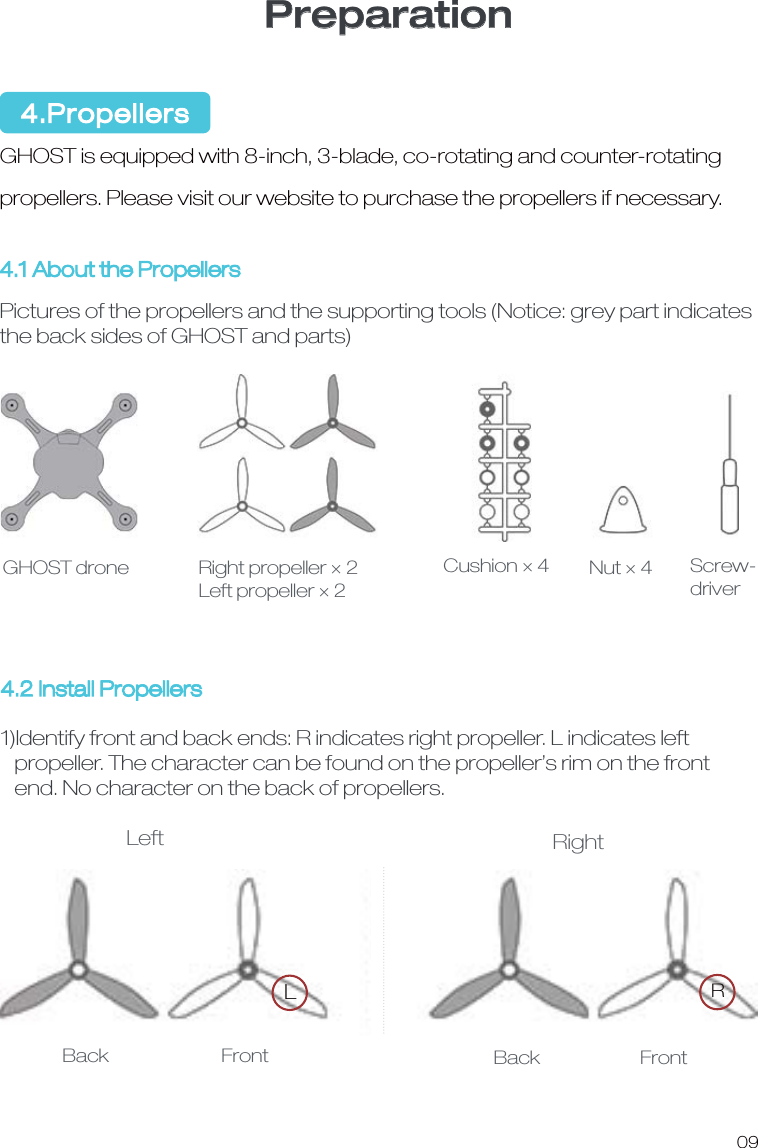 Preparation09GHOST is equipped with 8-inch, 3-blade, co-rotating and counter-rotating propellers. Please visit our website to purchase the propellers if necessary. 4.1 About the PropellersPictures of the propellers and the supporting tools (Notice: grey part indicatesthe back sides of GHOST and parts)4.2 Install Propellers1)Identify front and back ends: R indicates right propeller. L indicates left   propeller. The character can be found on the propeller&rsquo;s rim on the front    end. No character on the back of propellers.LRGHOST droneLeft RightBack                           FrontRight propeller &times; 2Left propeller &times; 2Cushion &times; 4 Nut &times; 4 Screw-driverBack                        Front4.Propellers