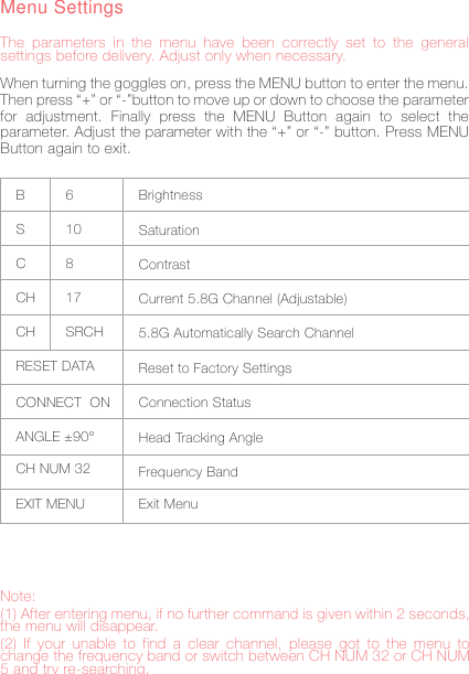 9Menu SettingsThe parameters in the menu have been correctly set to the general settings before delivery. Adjust only when necessary.When turning the goggles on, press the MENU button to enter the menu. Then press &ldquo;+&rdquo; or &ldquo;-&rdquo;button to move up or down to choose the parameter for adjustment. Finally press the MENU Button again to select the parameter. Adjust the parameter with the &ldquo;+&rdquo; or &ldquo;-&rdquo; button. Press MENU Button again to exit.BSCCHCHRESET DATACONNECT  ON ANGLE &plusmn;90&deg;6 10817SRCHBrightnessSaturationContrast Current 5.8G Channel (Adjustable)5.8G Automatically Search ChannelReset to Factory SettingsConnection StatusHead Tracking AngleFrequency BandCH NUM 32EXIT MENU Exit MenuNote: (1) After entering menu, if no further command is given within 2 seconds, the menu will disappear. (2) If your unable to find a clear channel, please got to the menu to change the frequency band or switch between CH NUM 32 or CH NUM 5 and try re-searching.