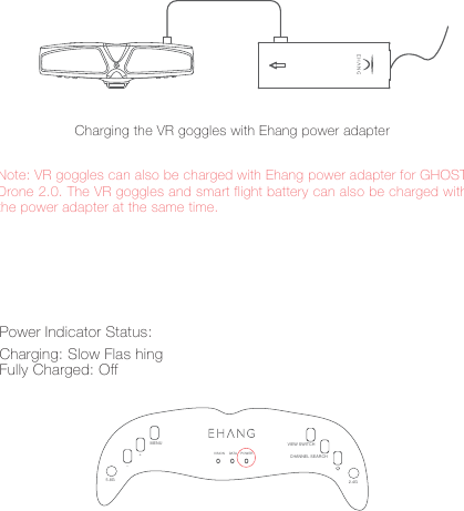 5Charging the VR goggles with Ehang power adapterNote: VR goggles can also be charged with Ehang power adapter for GHOST Drone 2.0. The VR goggles and smart flight battery can also be charged with the power adapter at the same time.5.8GVIEW SWITCHMENU+_VISION DATA POWER CHANNEL SEARCH2.4GPower Indicator Status:Charging: Slow Flas hing Fully Charged: Off