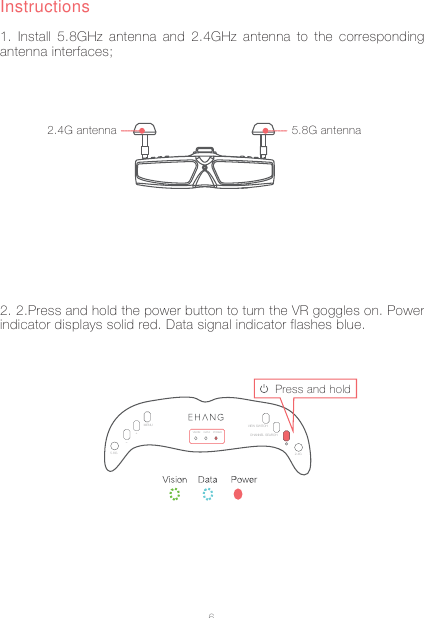6Instructions5.8G antenna2.4G antenna1. Install 5.8GHz antenna and 2.4GHz antenna to the corresponding antenna interfaces;Press and hold5.8GVIEW SWITCHMENU+_VISION DATA POWER CHANNEL SEARCH2.4G2. 2.Press and hold the power button to turn the VR goggles on. Power indicator displays solid red. Data signal indicator flashes blue.