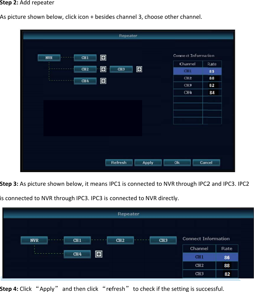 StepAspStepiscoStepp2:Addrepepictureshownp3:AspictureonnectedtoNp4:Click“Aaternbelow,clickeshownbeloNVRthroughpply”andthkicon+besideow,itmeansIPC3.IPC3ishenclick“reeschannel3,IPC1isconneconnectedtoefresh”toc,chooseotheectedtoNVRoNVRdirectlycheckiftheseerchannel.throughIPC2y.ettingissucce2andIPC3.IPessful.PC2