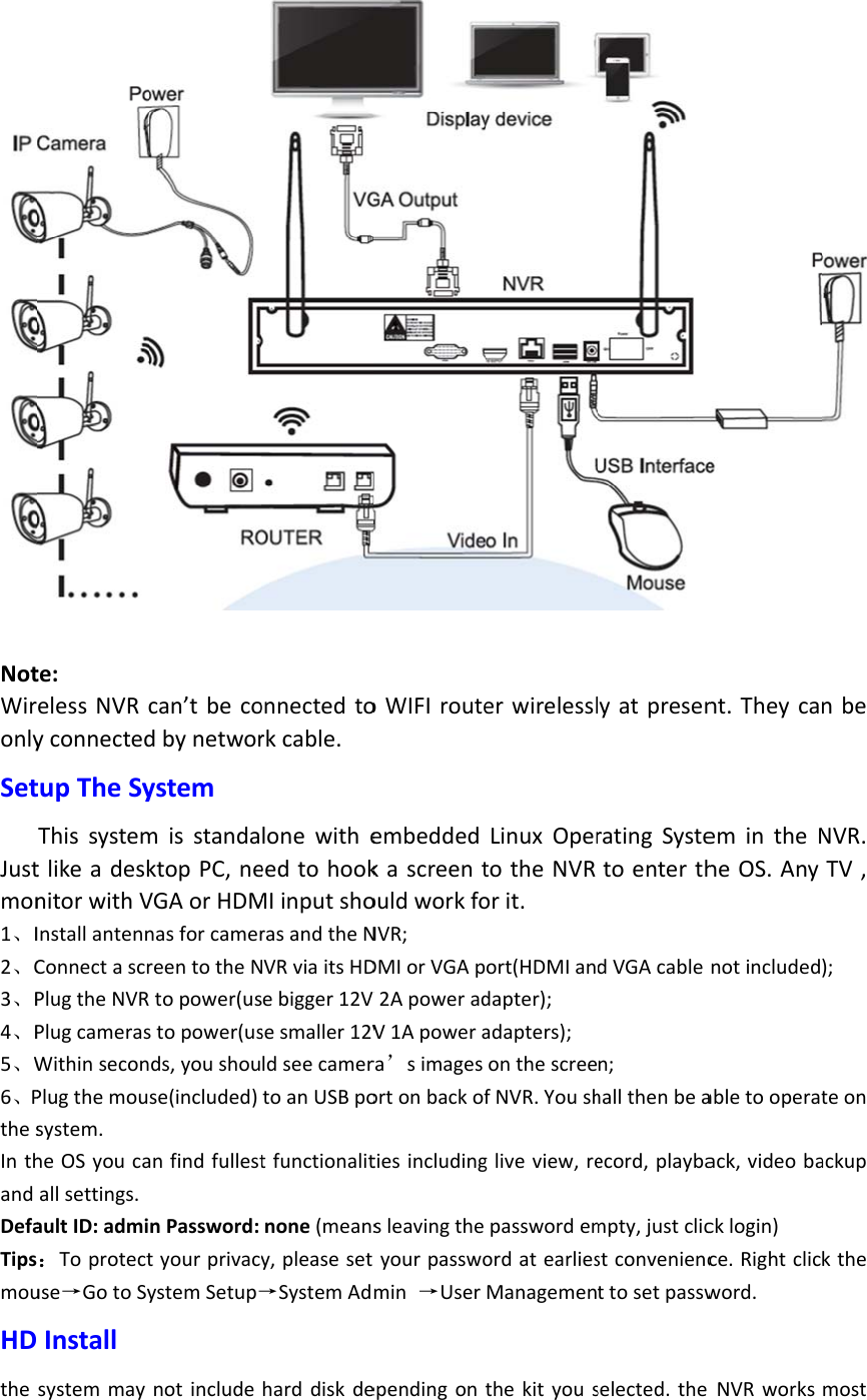 NotWironlySetJustmon1、I2、C3、P4、P5、W6、PthesInthandDefaTipsmouHDthete:elessNVRcyconnectedtupTheSyThissystemtlikeadesknitorwithVInstallantennConnectascrPlugtheNVRPlugcamerasWithinseconPlugthemousystem.heOSyoucaallsettings.aultID:admi：Toprotectuse→GotoSyInstallsystemmaycan’tbecodbynetworystemmisstandaktopPC,neVGAorHDMnasforcamerreentotheNtopower(usstopower(usds,youshouse(included)anfindfullestnPassword:tyourprivacyystemSetup→notincludeonnectedtorkcable.lonewitheeedtohookMIinputshorasandtheNNVRviaitsHDebigger12Vsesmaller12VldseecamertoanUSBpotfunctionalitnone(meansy,pleaseset→SystemAdharddiskdeoWIFIrouteembeddedkascreentouldworkfoNVR;DMIorVGApV2ApoweradV1Apowerara’simagesortonbackoftiesincludingsleavingtheyourpasswomin→UserependingonerwirelesslLinuxOpertotheNVRorit.ort(HDMIandapter);adapters);onthescreefNVR.Youshgliveview,repasswordemordatearliesManagementhekityousyatpresenratingSystetoenterthdVGAcablen;hallthenbeaecord,playbampty,justclicstconveniencttosetpasswselected.thent.TheycaemintheNheOS.Anynotincludedabletooperatack,videobacklogin)ce.Rightclicword.NVRworksnbeNVR.TV,);teonackupkthemost
