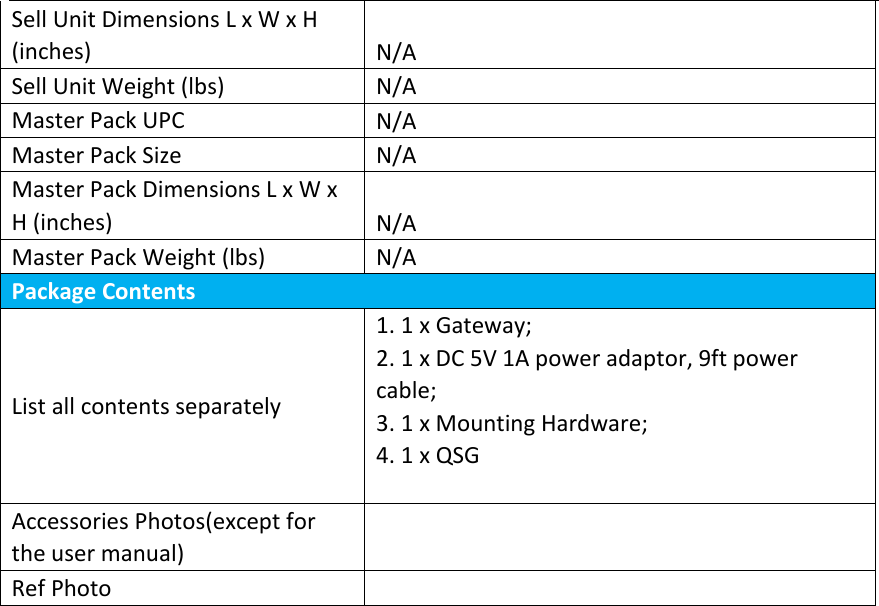  Sell Unit Dimensions L x W x H (inches)  N/A Sell Unit Weight (lbs)  N/A Master Pack UPC  N/A Master Pack Size  N/A Master Pack Dimensions L x W x H (inches)  N/A Master Pack Weight (lbs)  N/A Package Contents List all contents separately 1. 1 x Gateway; 2. 1 x DC 5V 1A power adaptor, 9ft power cable; 3. 1 x Mounting Hardware; 4. 1 x QSG Accessories Photos(except for the user manual)    Ref Photo     