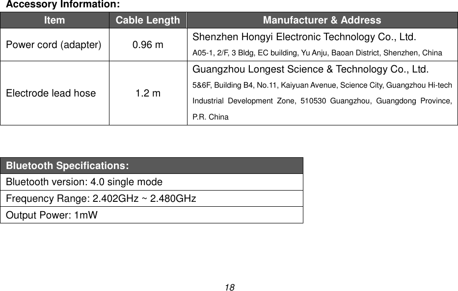 18  Accessory Information:   Item Cable Length Manufacturer &amp; Address Power cord (adapter) 0.96 m Shenzhen Hongyi Electronic Technology Co., Ltd. A05-1, 2/F, 3 Bldg, EC building, Yu Anju, Baoan District, Shenzhen, China Electrode lead hose 1.2 m Guangzhou Longest Science &amp; Technology Co., Ltd. 5&amp;6F, Building B4, No.11, Kaiyuan Avenue, Science City, Guangzhou Hi-tech Industrial  Development  Zone,  510530  Guangzhou,  Guangdong  Province, P.R. China   Bluetooth Specifications: Bluetooth version: 4.0 single mode Frequency Range: 2.402GHz ~ 2.480GHz Output Power: 1mW  