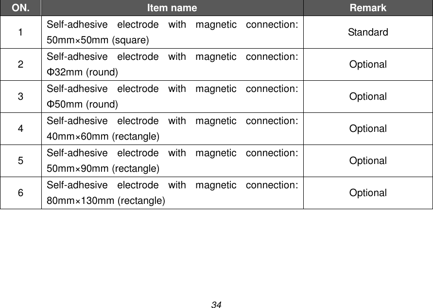 34 ON. Item name Remark 1 Self-adhesive  electrode  with  magnetic  connection: 50mm&times;50mm (square) Standard 2 Self-adhesive  electrode  with  magnetic  connection: &Phi;32mm (round) Optional 3 Self-adhesive  electrode  with  magnetic  connection: &Phi;50mm (round) Optional 4 Self-adhesive  electrode  with  magnetic  connection: 40mm&times;60mm (rectangle) Optional 5 Self-adhesive  electrode  with  magnetic  connection: 50mm&times;90mm (rectangle) Optional 6 Self-adhesive  electrode  with  magnetic  connection: 80mm&times;130mm (rectangle) Optional  