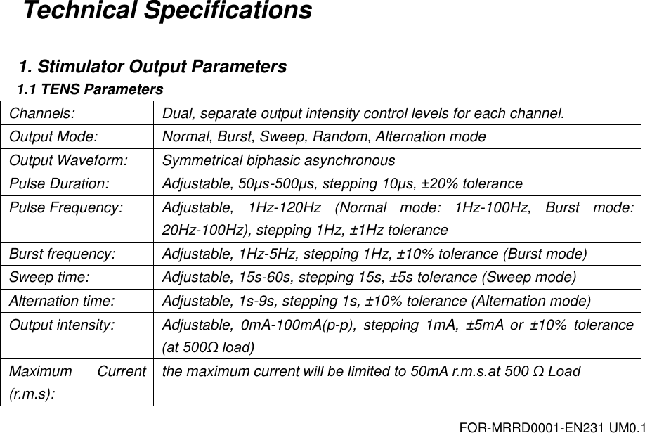 FOR-MRRD0001-EN231 UM0.1 Technical Specifications  1. Stimulator Output Parameters 1.1 TENS Parameters Channels: Dual, separate output intensity control levels for each channel. Output Mode: Normal, Burst, Sweep, Random, Alternation mode Output Waveform: Symmetrical biphasic asynchronous Pulse Duration: Adjustable, 50&mu;s-500&mu;s, stepping 10&mu;s, &plusmn;20% tolerance Pulse Frequency: Adjustable,  1Hz-120Hz  (Normal  mode:  1Hz-100Hz,  Burst  mode: 20Hz-100Hz), stepping 1Hz, &plusmn;1Hz tolerance Burst frequency: Adjustable, 1Hz-5Hz, stepping 1Hz, &plusmn;10% tolerance (Burst mode) Sweep time: Adjustable, 15s-60s, stepping 15s, &plusmn;5s tolerance (Sweep mode) Alternation time:   Adjustable, 1s-9s, stepping 1s, &plusmn;10% tolerance (Alternation mode) Output intensity: Adjustable,  0mA-100mA(p-p),  stepping  1mA, &plusmn;5mA  or  &plusmn;10%  tolerance (at 500&Omega; load) Maximum  Current (r.m.s): the maximum current will be limited to 50mA r.m.s.at 500 &Omega; Load 