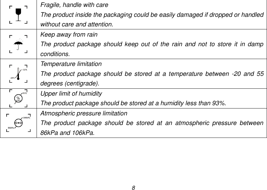 8  Fragile, handle with care The product inside the packaging could be easily damaged if dropped or handled without care and attention.  Keep away from rain The  product  package  should keep out  of  the  rain and not to  store  it  in  damp conditions.  Temperature limitation The  product  package  should  be  stored  at  a  temperature between  -20  and  55 degrees (centigrade).  Upper limit of humidity The product package should be stored at a humidity less than 93%.  Atmospheric pressure limitation The  product  package  should  be  stored  at  an  atmospheric  pressure  between 86kPa and 106kPa.  
