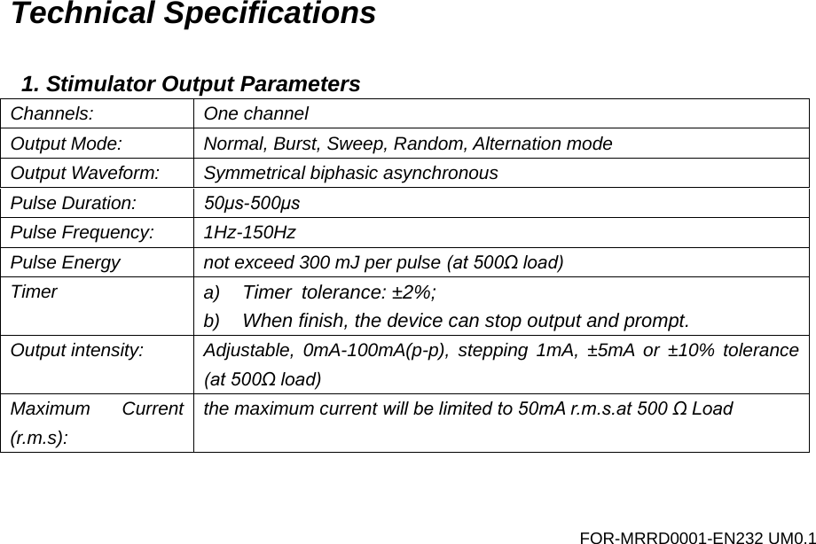 Technical Specifications  1. Stimulator Output Parameters Channels:  One channel Output Mode:  Normal, Burst, Sweep, Random, Alternation mode Output Waveform:  Symmetrical biphasic asynchronous Pulse Duration:  50&mu;s-500&mu;s Pulse Frequency: 1Hz-150Hz Pulse Energy not exceed 300 mJ per pulse (at 500&Omega; load) Timer a) Timer tolerance: &plusmn;2%; b) When finish, the device can stop output and prompt. Output intensity: Adjustable, 0mA-100mA(p-p), stepping 1mA, &plusmn;5mA or &plusmn;10% tolerance (at 500&Omega; load) Maximum Current (r.m.s): the maximum current will be limited to 50mA r.m.s.at 500 &Omega; Load   FOR-MRRD0001-EN232 UM0.1 