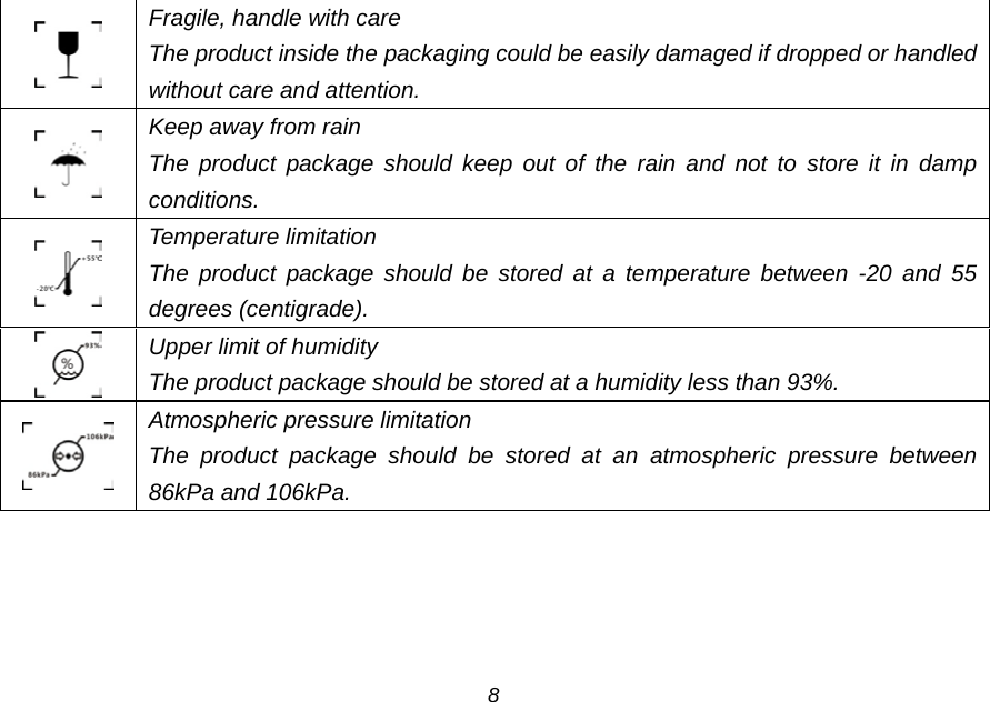  Fragile, handle with care The product inside the packaging could be easily damaged if dropped or handled without care and attention.  Keep away from rain The product package should keep out of the rain and not to store it in damp conditions.  Temperature limitation The product package should be stored at a temperature between -20 and 55 degrees (centigrade).  Upper limit of humidity The product package should be stored at a humidity less than 93%.  Atmospheric pressure limitation The product package should be stored at an atmospheric pressure between 86kPa and 106kPa.  8 
