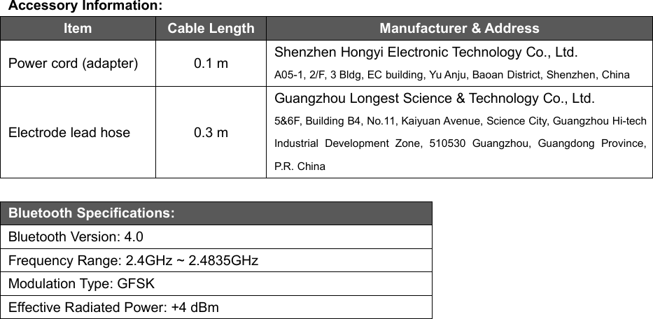 16Accessory Information:ItemCable LengthManufacturer &amp; AddressPower cord (adapter)0.1 mShenzhen Hongyi Electronic Technology Co., Ltd.A05-1, 2/F, 3 Bldg, EC building, Yu Anju, Baoan District, Shenzhen, ChinaElectrode lead hose0.3 mGuangzhou Longest Science &amp; Technology Co., Ltd.5&amp;6F, Building B4, No.11, Kaiyuan Avenue, Science City, Guangzhou Hi-techIndustrial Development Zone, 510530 Guangzhou, Guangdong Province,P.R. ChinaBluetooth Specifications:Bluetooth Version: 4.0Frequency Range: 2.4GHz ~ 2.4835GHzModulation Type: GFSKEffective Radiated Power: +4 dBm
