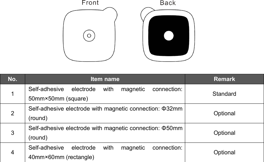 31No.Item nameRemark1Self-adhesive electrode with magnetic connection:50mm&times;50mm (square)Standard2Self-adhesive electrode with magnetic connection: &Phi;32mm(round)Optional3Self-adhesive electrode with magnetic connection: &Phi;50mm(round)Optional4Self-adhesive electrode with magnetic connection:40mm&times;60mm (rectangle)Optional