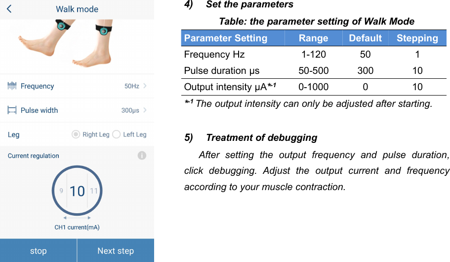 434) Set the parametersTable: the parameter setting of Walk ModeParameter SettingRangeDefaultSteppingFrequency Hz1-120501Pulse duration &mu;s50-50030010Output intensity &mu;A*-10-1000010*-1 The output intensity can only be adjusted after starting.5) Treatment of debuggingAfter setting the output frequency and pulse duration,click debugging. Adjust the output current and frequencyaccording to your muscle contraction.