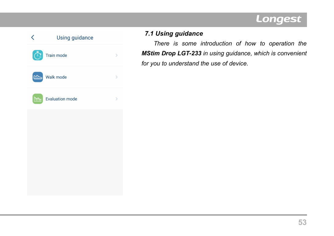 537.1 Using guidanceThere is some introduction of how to operation theMStim Drop LGT-233 in using guidance, which is convenientfor you to understand the use of device.