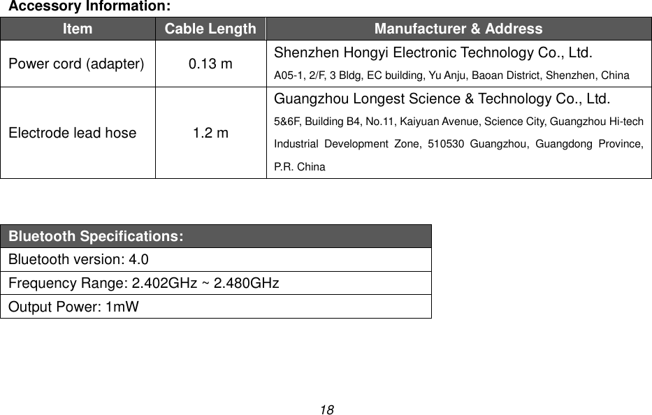18  Accessory Information:   Item Cable Length Manufacturer &amp; Address Power cord (adapter) 0.13 m Shenzhen Hongyi Electronic Technology Co., Ltd. A05-1, 2/F, 3 Bldg, EC building, Yu Anju, Baoan District, Shenzhen, China Electrode lead hose 1.2 m Guangzhou Longest Science &amp; Technology Co., Ltd. 5&amp;6F, Building B4, No.11, Kaiyuan Avenue, Science City, Guangzhou Hi-tech Industrial  Development  Zone,  510530  Guangzhou,  Guangdong  Province, P.R. China   Bluetooth Specifications: Bluetooth version: 4.0 Frequency Range: 2.402GHz ~ 2.480GHz Output Power: 1mW  