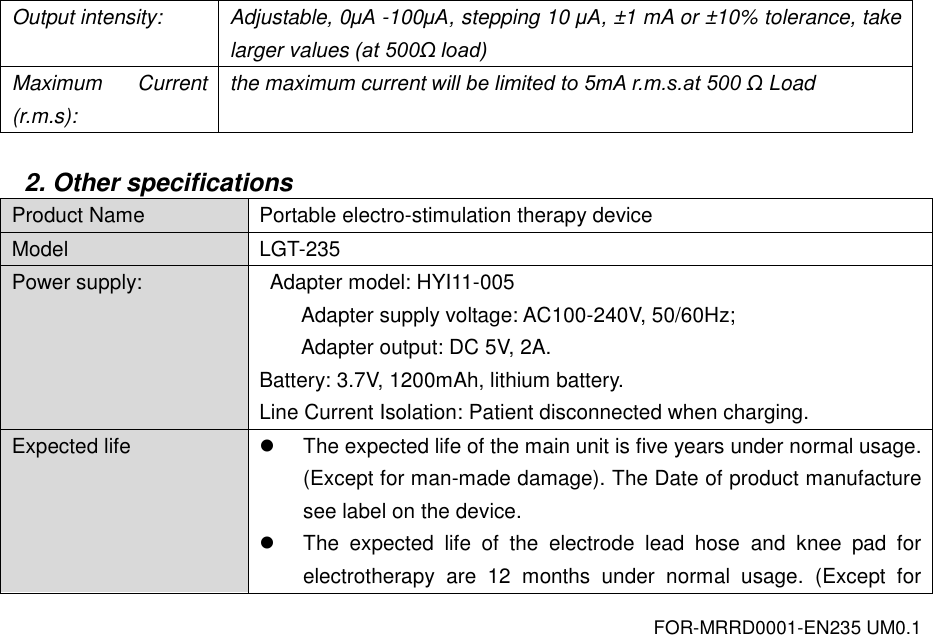 FOR-MRRD0001-EN235 UM0.1 Output intensity: Adjustable, 0&mu;A -100&mu;A, stepping 10 &mu;A, &plusmn;1 mA or &plusmn;10% tolerance, take larger values (at 500&Omega; load) Maximum  Current (r.m.s): the maximum current will be limited to 5mA r.m.s.at 500 &Omega; Load  2. Other specifications Product Name Portable electro-stimulation therapy device Model LGT-235 Power supply:   Adapter model: HYI11-005 Adapter supply voltage: AC100-240V, 50/60Hz; Adapter output: DC 5V, 2A. Battery: 3.7V, 1200mAh, lithium battery. Line Current Isolation: Patient disconnected when charging. Expected life   The expected life of the main unit is five years under normal usage. (Except for man-made damage). The Date of product manufacture see label on the device.   The  expected  life  of  the  electrode  lead  hose  and  knee  pad  for electrotherapy  are  12  months  under  normal  usage.  (Except  for 