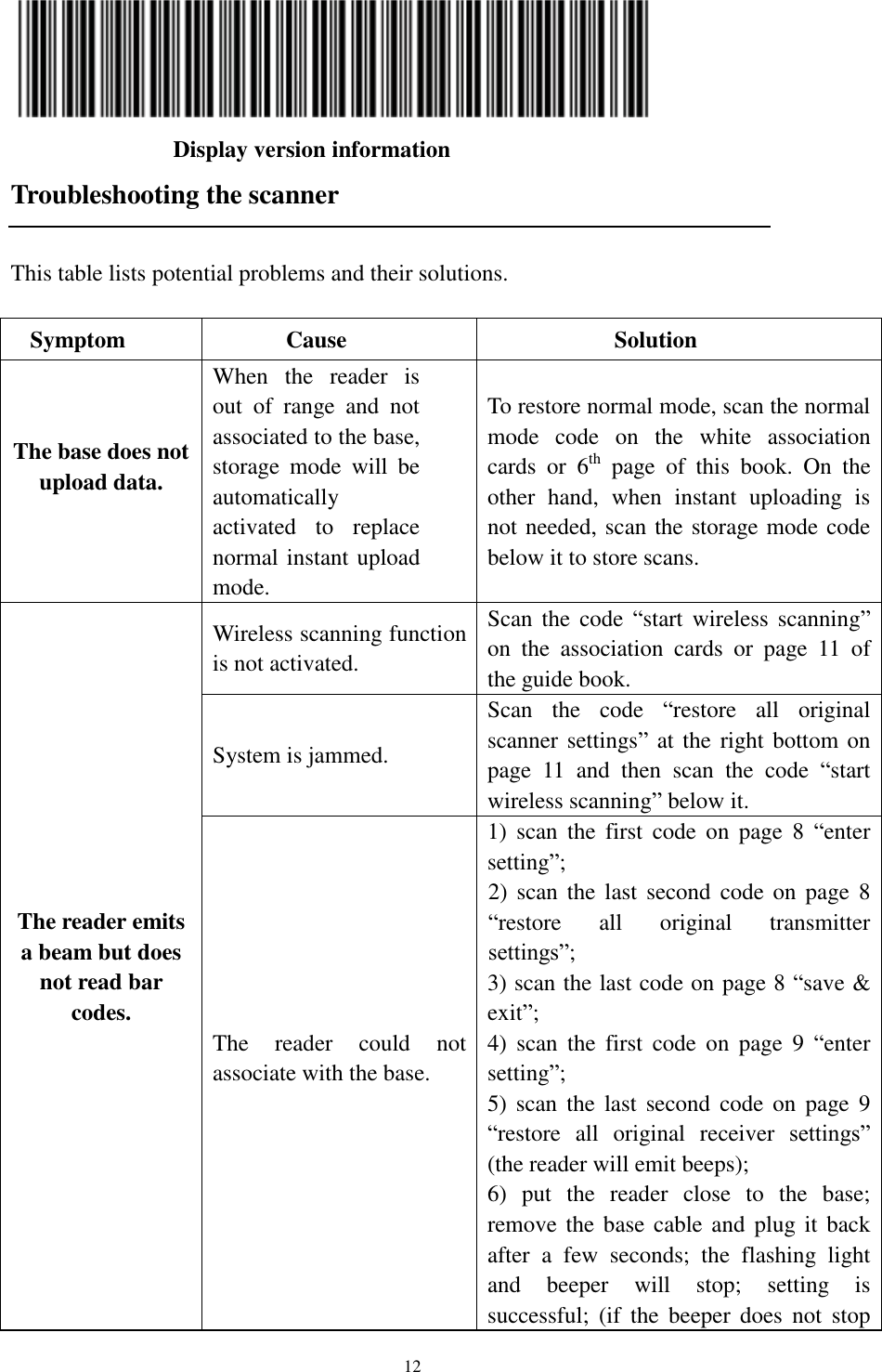  12          Display version information Troubleshooting the scanner  This table lists potential problems and their solutions.  Symptom Cause Solution The base does not upload data.  When  the  reader  is out  of  range  and  not associated to the base, storage  mode  will  be automatically activated  to  replace normal instant upload mode. To restore normal mode, scan the normal mode  code  on  the  white  association cards  or  6th  page  of  this  book.  On  the other  hand,  when  instant  uploading  is not needed, scan the storage mode code below it to store scans. The reader emits a beam but does not read bar codes. Wireless scanning function is not activated. Scan the  code  “start  wireless  scanning” on  the  association  cards  or  page  11  of the guide book. System is jammed. Scan  the  code  “restore  all  original scanner settings” at the right bottom on page  11  and  then  scan  the  code  “start wireless scanning” below it. The  reader  could  not associate with the base.  1)  scan  the  first  code  on  page  8  “enter setting”; 2) scan the last  second  code on  page  8 “restore  all  original  transmitter       settings”; 3) scan the last code on page 8 “save &amp; exit”; 4)  scan  the  first  code  on  page  9  “enter setting”; 5) scan  the  last  second  code  on page  9 “restore  all  original  receiver  settings” (the reader will emit beeps); 6)  put  the  reader  close  to  the  base; remove the base cable and plug it  back after  a  few  seconds;  the  flashing  light and  beeper  will  stop;  setting  is successful;  (if  the  beeper  does  not  stop 