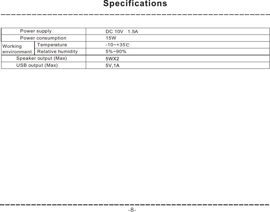 5WX2-8- SpecificationsPower supply                     DC 10V   1.5AWorkingenvironment      Temperature                       -10~+35Relative humidity                         5%~90%Speaker output (Max)               Power consumption                    15W5V,1A USB output (Max)               