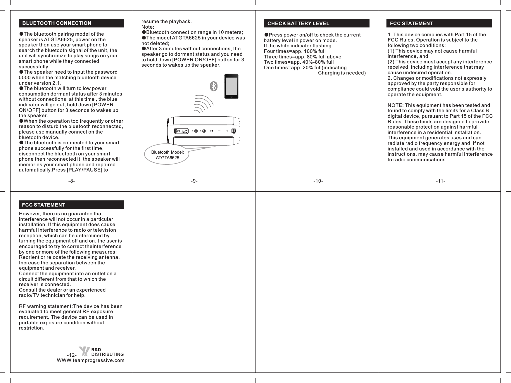 -8- -9-resume the playback.Note:●Bluetooth connection range in 10 meters;●The model ATGTA6625 in your device was not deleted; ●After 3 minutes without connections, the speaker go to dormant status and you need to hold down [POWER ON/OFF] button for 3 seconds to wakes up the speaker.BLUETOOTH CONNECTION●The bluetooth pairing model of the speaker is ATGTA6625, power on the speaker then use your smart phone to search the bluetooth signal of the unit, the unit will synchronize to play songs on your smart phone while they connected successfully.●The speaker need to input the password 0000 when the matching bluetooth device under version 2.1.●The bluetooth will turn to low power consumption dormant status after 3 minutes without connections, at this time , the blue indicator will go out, hold down [POWER ON/OFF] button for 3 seconds to wakes up the speaker.●When the operation too frequently or other reason to disturb the bluetooth reconnected, please use manually connect on the bluetooth device.●The bluetooth is connected to your smart phone successfully for the first time, disconnect the bluetooth on your smart phone then reconnected it, the speaker will memories your smart phone and repaired automatically.Press [PLAY/PAUSE] to Bluetooth Model:ATGTA6625CHECK BATTERY LEVEL●Press power on/off to check the current battery level in power on mode.If the white indicator flashingFour times=app. 100% fullThree times=app. 80% full aboveTwo times=app. 40%-80% fullOne times=app. 20% full(indicating                                        Charging is needed)-10- -11-FCC STATEMENT1. This device complies with Part 15 of the FCC Rules. Operation is subject to the following two conditions:(1) This device may not cause harmful interference, and(2) This device must accept any interference received, including interference that may cause undesired operation.2. Changes or modifications not expressly approved by the party responsible for compliance could void the user&apos;s authority to operate the equipment.NOTE: This equipment has been tested and found to comply with the limits for a Class B digital device, pursuant to Part 15 of the FCC Rules. These limits are designed to provide reasonable protection against harmful interference in a residential installation.This equipment generates uses and can radiate radio frequency energy and, if not installed and used in accordance with the instructions, may cause harmful interference to radio communications.-12-WWW.teamprogressive.comR&amp;DDISTRIBUTINGHowever, there is no guarantee that interference will not occur in a particular installation. If this equipment does cause harmful interference to radio or television reception, which can be determined by turning the equipment off and on, the user is encouraged to try to correct theinterference by one or more of the following measures:Reorient or relocate the receiving antenna.Increase the separation between the equipment and receiver.Connect the equipment into an outlet on a circuit different from that to which the receiver is connected.Consult the dealer or an experienced radio/TV technician for help.RF warning statement:The device has beenevaluated to meet general RF exposurerequirement. The device can be used inportable exposure condition withoutrestriction.FCC STATEMENT
