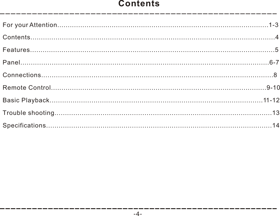For your Attention.....................................................................................................1-3Panel.......................................................................................................................6-7Connections...............................................................................................................8Remote Control.......................................................................................................9-10Basic Playback......................................................................................................11-12Trouble shooting........................................................................................................13Specifications............................................................................................................14Contents.....................................................................................................................4Features.....................................................................................................................5ContentsContents-4-