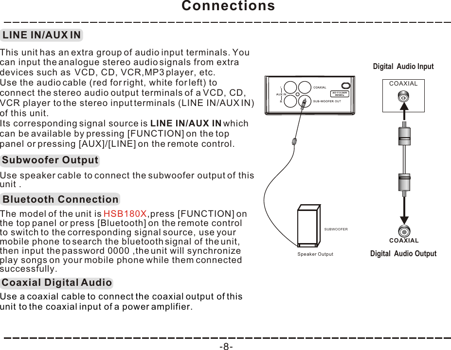 Connections-8-LINE IN/AUX INThis unit has an extra group of audio input terminals. You can input the analogue stereo audio signals from extra devices such as  VCD, CD, VCR,MP3 player, etc.Use the audio cable (red for right, white for left) to connect the stereo audio output terminals of a VCD, CD, VCR player to the stereo input terminals (LINE IN/AUX IN) of this unit. Its corresponding signal source is LINE IN/AUX IN which can be available by pressing [FUNCTION] on the top panel or pressing [AUX]/[LINE] on the remote control.Subwoofer OutputUse speaker cable to connect the subwoofer output of this unit . SUBWOOFERSpeaker OutputBluetooth ConnectionThe model of the unit is  ,press [FUNCTION] on the top panel or press [Bluetooth] on the remote control to switch to the corresponding signal source, use your mobile phone to search the bluetooth signal of the unit, then input the password 0000 ,the unit will synchronize play songs on your mobile phone while them connected successfully.HSB180XCoaxial Digital AudioUse a coaxial cable to connect the coaxial output of this unit to the coaxial input of a power amplifier.Digital  Audio InputConnections-8-LINE IN/AUX INThis unit has an extra group of audio input terminals. You can input the analogue stereo audio signals from extra devices such as  VCD, CD, VCR,MP3 player, etc.Use the audio cable (red for right, white for left) to connect the stereo audio output terminals of a VCD, CD, VCR player to the stereo input terminals (LINE IN/AUX IN) of this unit. Its corresponding signal source is LINE IN/AUX IN which can be available by pressing [FUNCTION] on the top panel or pressing [AUX]/[LINE] on the remote control.Subwoofer OutputUse speaker cable to connect the subwoofer output of this unit . SUBWOOFERSpeaker OutputBluetooth ConnectionThe model of the unit is  ,press [FUNCTION] on the top panel or press [Bluetooth] on the remote control to switch to the corresponding signal source, use your mobile phone to search the bluetooth signal of the unit, then input the password 0000 ,the unit will synchronize play songs on your mobile phone while them connected successfully.HSB180XCoaxial Digital AudioUse a coaxial cable to connect the coaxial output of this unit to the coaxial input of a power amplifier.Digital  Audio InputCOAXIALCOAXIALDigital  Audio Output