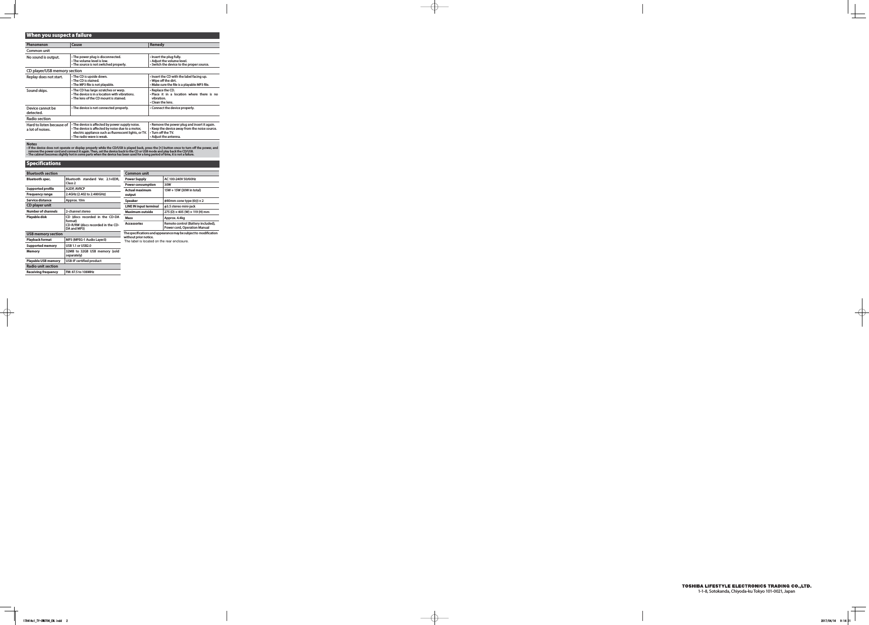 When you suspect a failurePhenomenonCause RemedyCommon unitNo sound is output. • The power plug is disconnected.• The volume level is low.• The source is not switched properly. • Insert the plug fully.• Adjust the volume level.• Switch the device to the proper source.CD player/USB memory sectionReplay does not start. • The CD is upside down.• The CD is stained.• The MP3 le is not playable.• Insert the CD with the label facing up.• Wipe o the dirt.• Make sure the le is a playable MP3 le.Sound skips. • The CD has large scratches or warp.• The device is in a location with vibrations.• The lens of the CD mount is stained.• Replace the CD.• Place it in a location where there is no vibration.• Clean the lens.Device cannot be detected.• The device is not connected properly. • Connect the device properly.Radio sectionHard to listen because of a lot of noises.• The device is aected by power supply noise.• The device is aected by noise due to a motor, electric appliance such as uorescent lights, or TV.• The radio wave is weak.• Remove the power plug and insert it again.• Keep the device away from the noise source.• Turn o the TV.• Adjust the antenna. Notes• If the device does not operate or display properly while the CD/USB is played back, press the [ ] button once to turn o the power, and remove the power cord and connect it again. Then, set the device back to the CD or USB mode and play back the CD/USB.• The cabinet becomes slightly hot in some parts when the device has been used for a long period of time, it is not a failure.SpecificationsBluetooth sectionBluetooth spec. Bluetooth standard Ver. 2.1+EDR, Class 2Supported prole A2DP, AVRCPFrequency range 2.4GHz (2.402 to 2.480GHz)Service distance Approx. 10mCD player unitNumber of channels 2-channel stereoPlayable disk CD (discs recorded in the CD-DA format)CD-R/RW (discs recorded in the CD-DA and MP3)USB memory sectionPlayback format MP3 (MPEG-1 Audio Layer3)Supported memory USB 1.1 or USB2.0Memory 32MB to 32GB USB memory (sold separately)Playable USB memory USB-IF certified productRadio unit sectionReceiving frequency FM: 87.5 to 108MHz Common unitPower Supply AC 100-240V 50/60HzPower consumption 30WActual maximum output15W + 15W (30W in total)Speaker    80mm cone type (6    ) × 2LINE IN input terminal    3.5 stereo mini-jackMaximum outside 275 (D) × 405 (W) × 119 (H) mmMass Approx. 4.4kgAccessories Remote control (Battery included), Power cord, Operation ManualThe spe cificati ons and appear ance may be subjec t to  modif ication without prior notice.1-1-8, Sotokanda, Chiyoda-ku Tokyo 101-0021, Japan170414c1_TY-CWU700_EN.indd   2 2017/04/14   9:14:21The label is located on the rear enclosure.