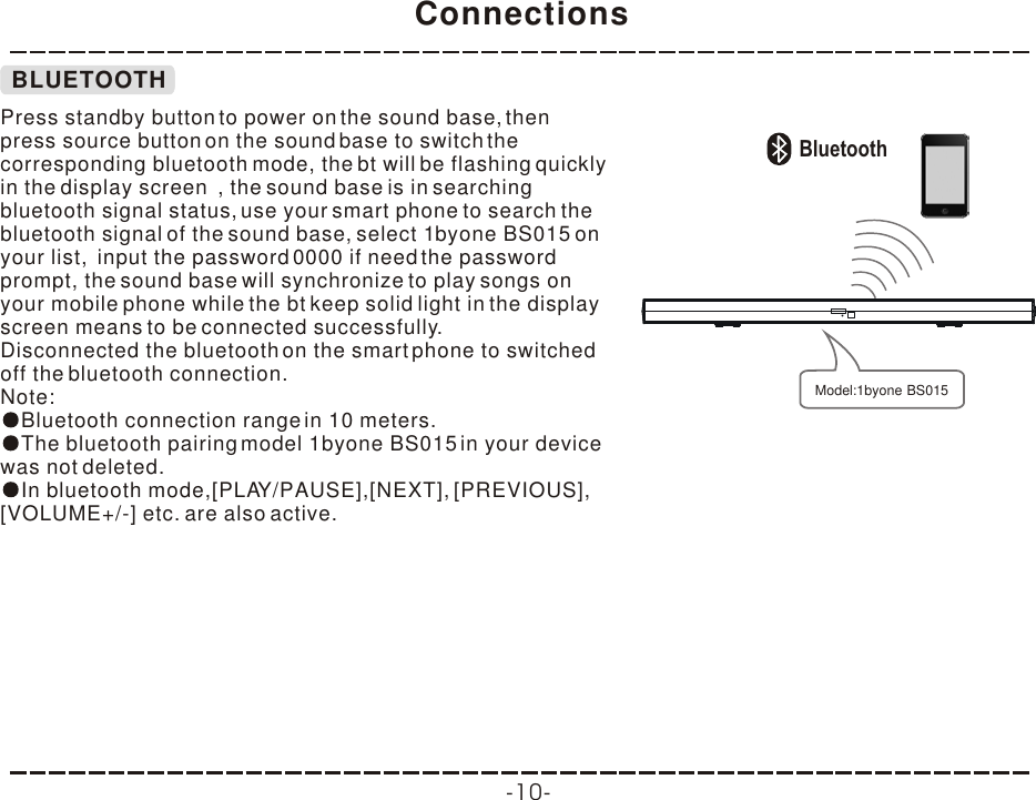 Connections-10-Press standby button to power on the sound base, then press source button on the sound base to switch the corresponding bluetooth mode, the bt will be flashing quickly in the display screen  , the sound base is in searching bluetooth signal status,  byone BS015 Note:Bluetooth connection range in 10 meters.The bluetooth pairing model 1byone BS015 in your device was not deleted.use your smart phone to search the bluetooth signal of the sound base, select 1 on your list,  input the password 0000 if need the password prompt, the sound base will synchronize to play songs on your mobile phone while the bt keep solid light in the display screen means to be connected successfully. Disconnected the bluetooth on the smart phone to switched off the bluetooth connection.In bluetooth mode,[PLAY/PAUSE],[NEXT], [PREVIOUS], [VOLUME+/-] etc. are also active.Bluetooth Model:1byone BS015BLUETOOTH