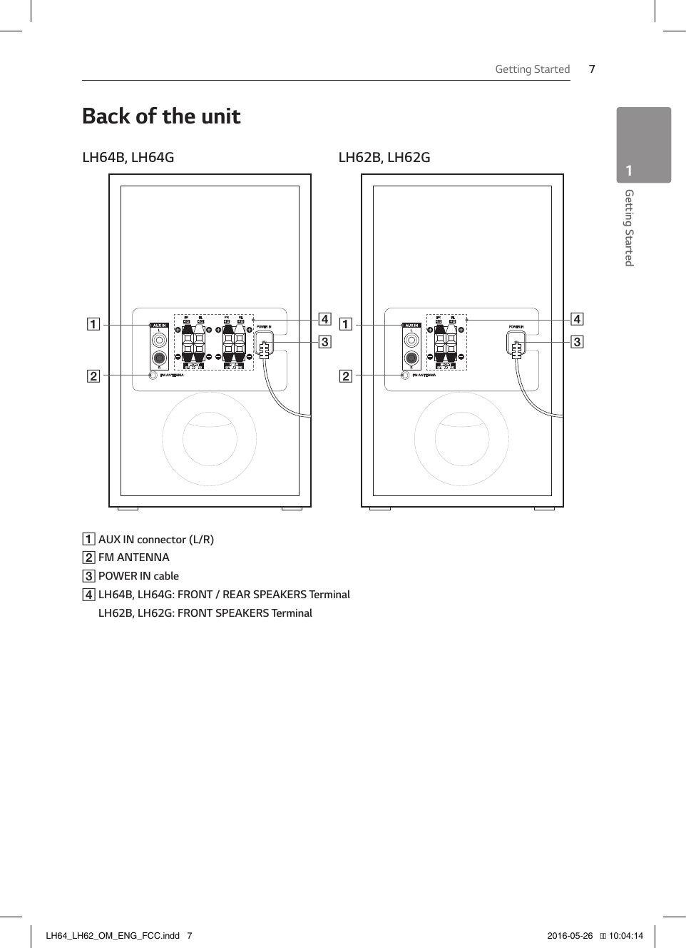 Getting Started 7Getting Started1Back of the unitLH64B, LH64GABDCLH62B, LH62GABDCA AUX IN connector (L/R)B FM ANTENNAC POWER IN cableD LH64B, LH64G: FRONT / REAR SPEAKERS TerminalLH62B, LH62G: FRONT SPEAKERS TerminalLH64_LH62_OM_ENG_FCC.indd   7 2016-05-26   �� 10:04:14