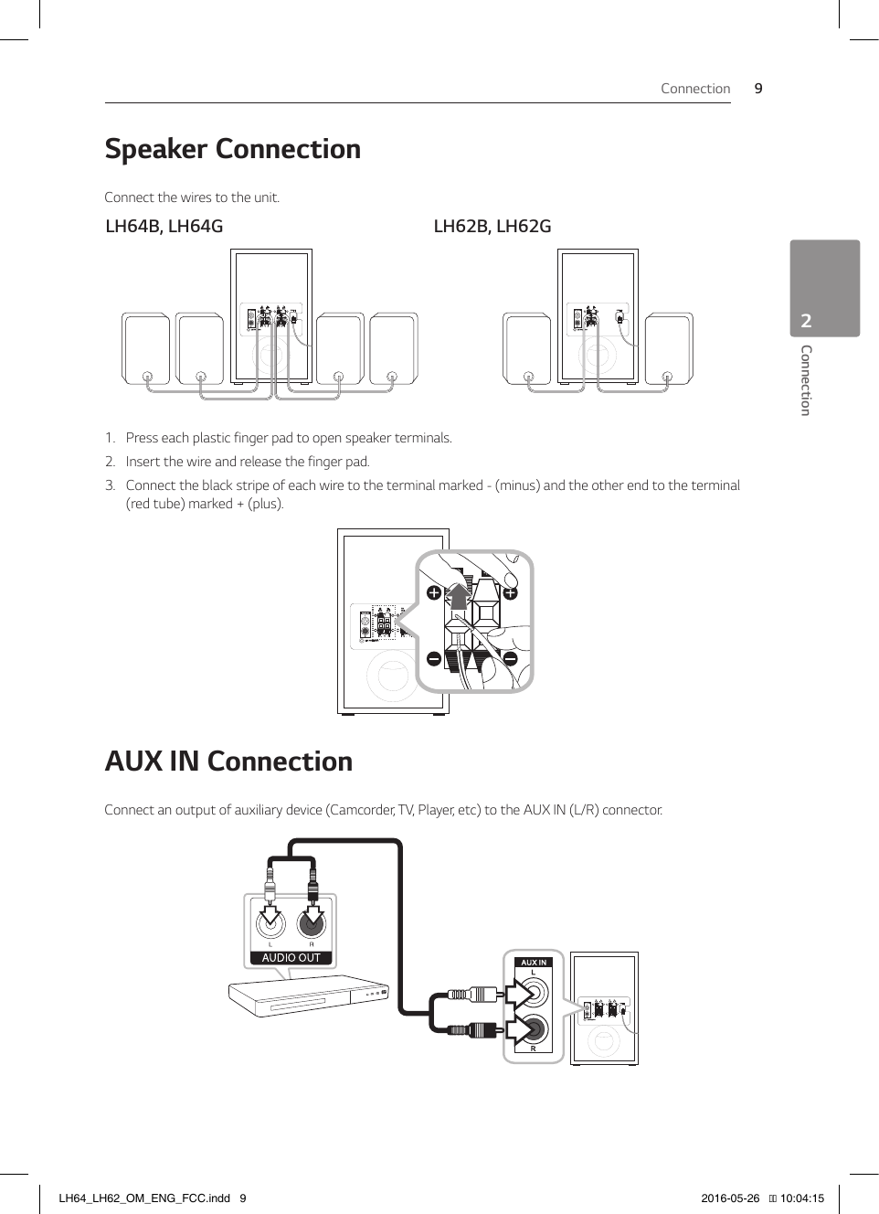 2  ConnectionConnection 9Connection2Speaker ConnectionConnect the wires to the unit.LH64B, LH64G LH62B, LH62G1.  Press each plastic finger pad to open speaker terminals.2.  Insert the wire and release the finger pad.3.  Connect the black stripe of each wire to the terminal marked - (minus) and the other end to the terminal (red tube) marked + (plus).AUX IN ConnectionConnect an output of auxiliary device (Camcorder, TV, Player, etc) to the AUX IN (L/R) connector.LH64_LH62_OM_ENG_FCC.indd   9 2016-05-26   �� 10:04:15